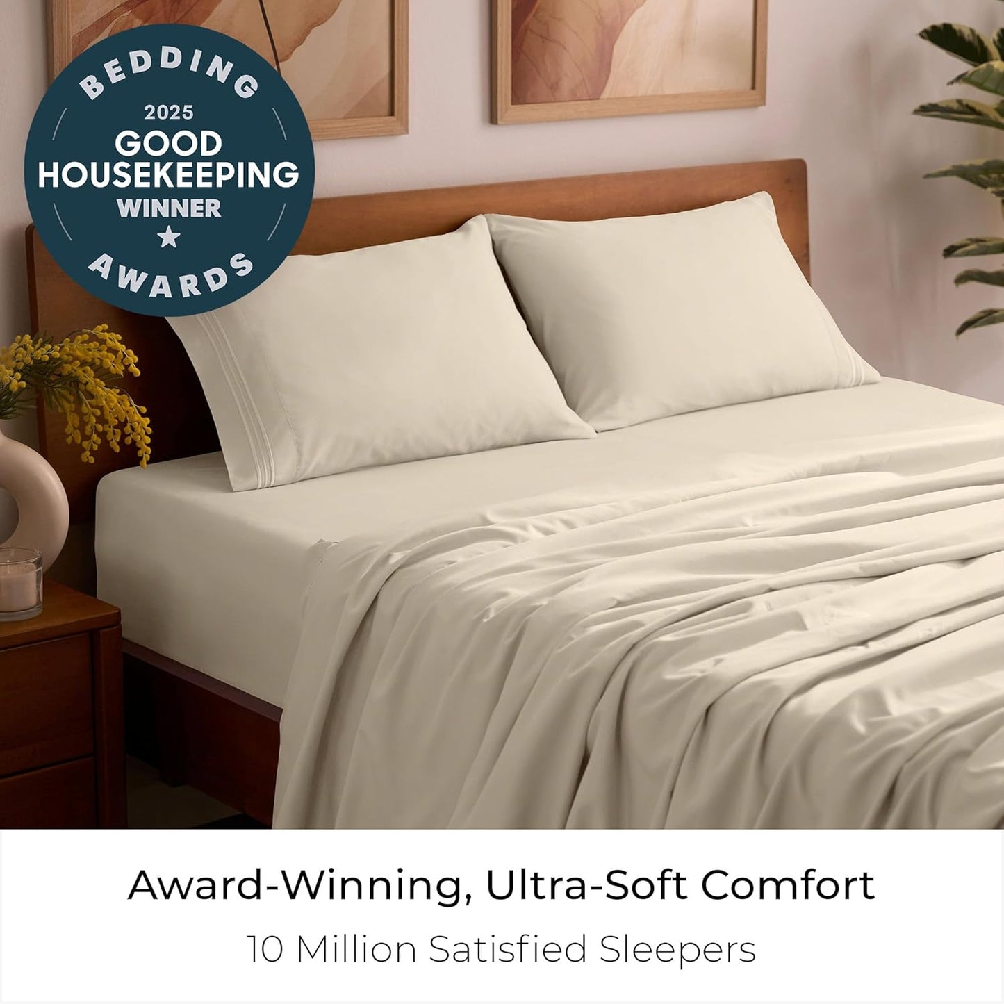 Mellanni Queen Sheets Set - 4 PC Iconic Collection Bedding - Hotel Luxury, Extra Soft, Cooling Bed Sheets - Wrinkle, Fade, Stain Resistant (Queen, Beige)