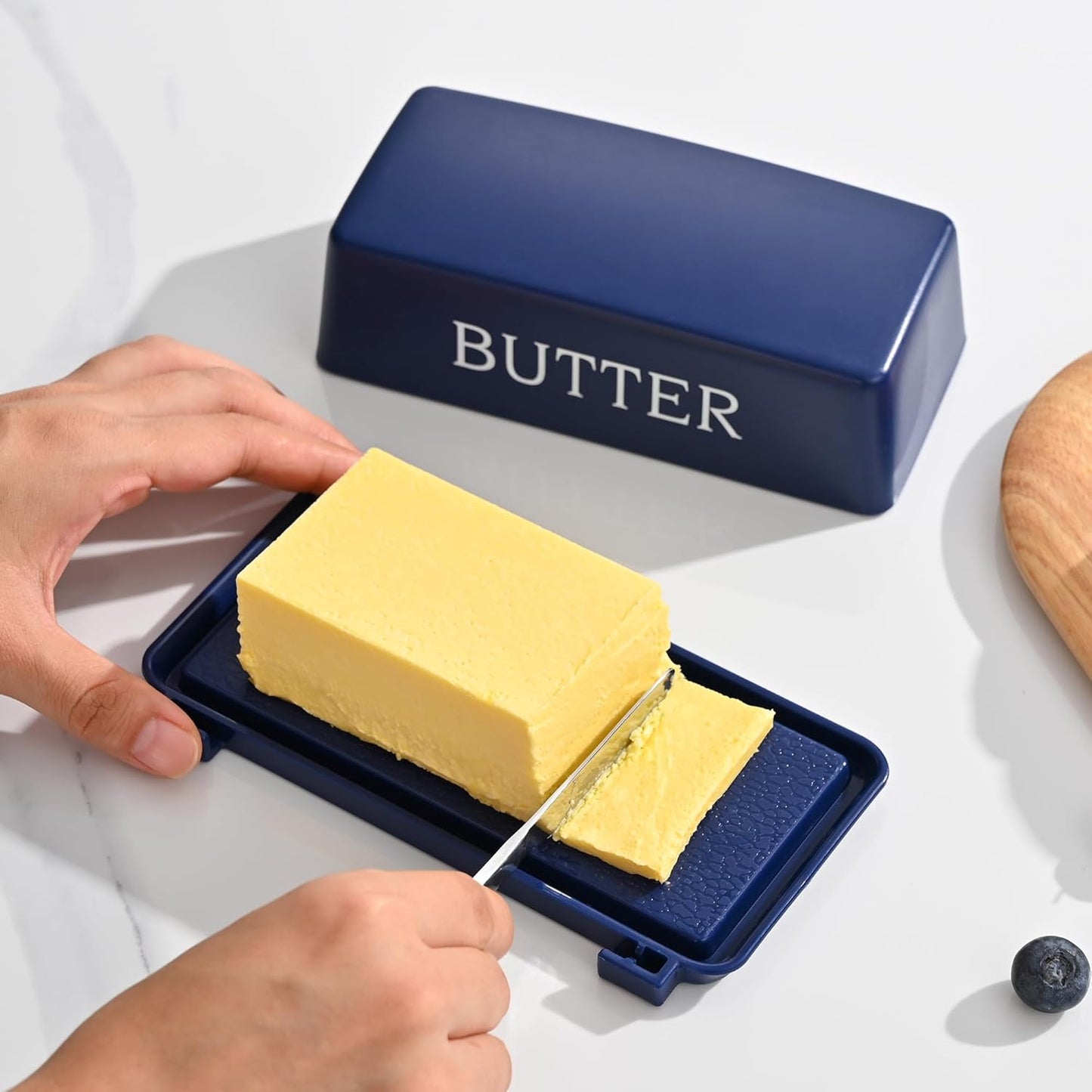 Butter Dishes With Lid And Stainless Steel Knife,Food Grade Plastic Butter Holder For Countertop,Blue Cheese Storage Keeper Container