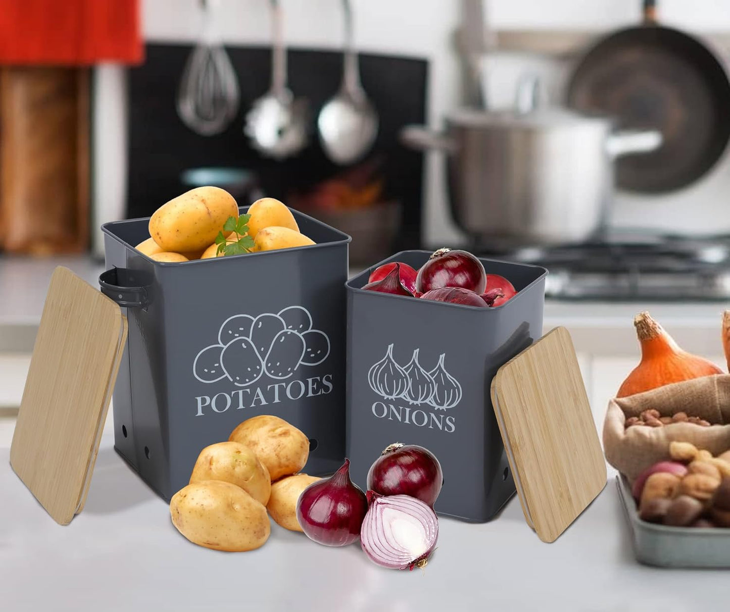 Kitchen Vegetable Storage Tins Set of 2 for Potatoes, Onion, with wooden lid Garlic Bin Caddy, Long Shelf Life-Grey
