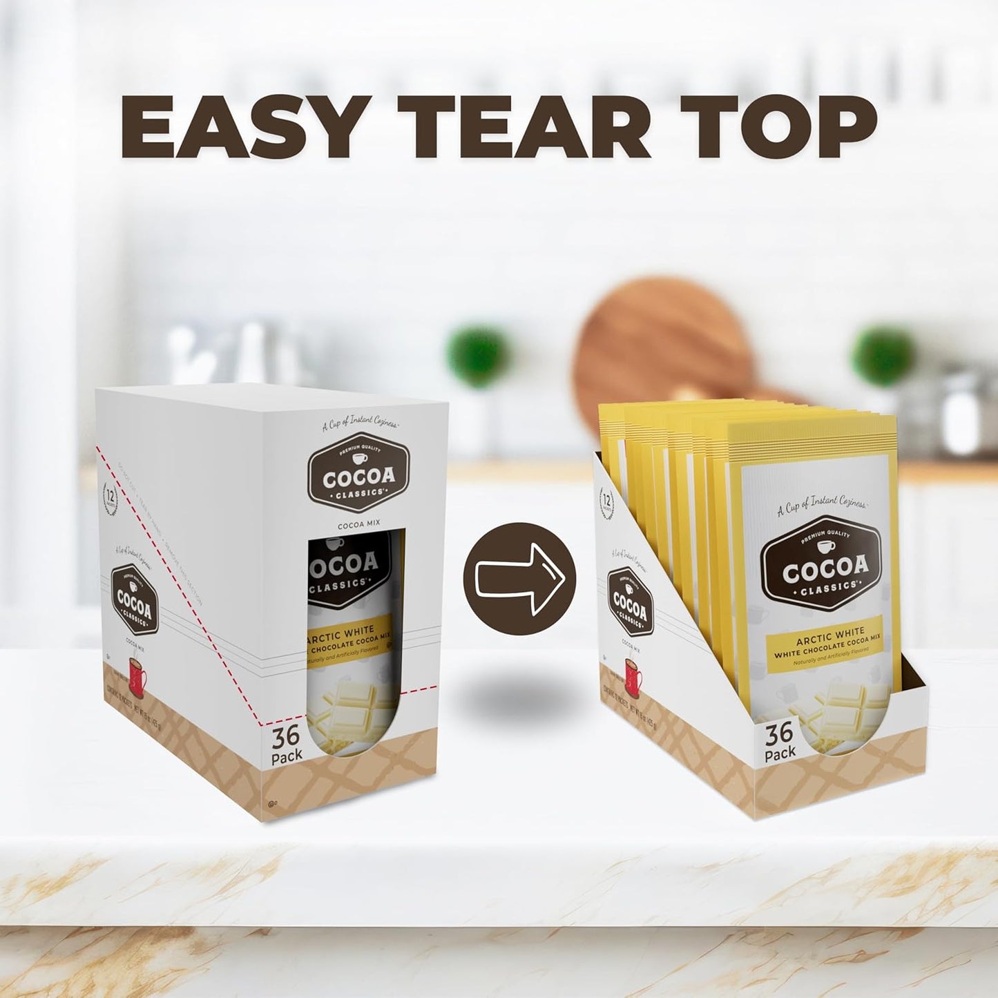 Cocoa Classics Arctic White Cocoa Mix, Hot Chocolate, Made with Nonfat Milk, Just Add Hot Water, Make Hot or Iced Cocoa, Gluten Free, 1.25oz Packets (Pack of 36)