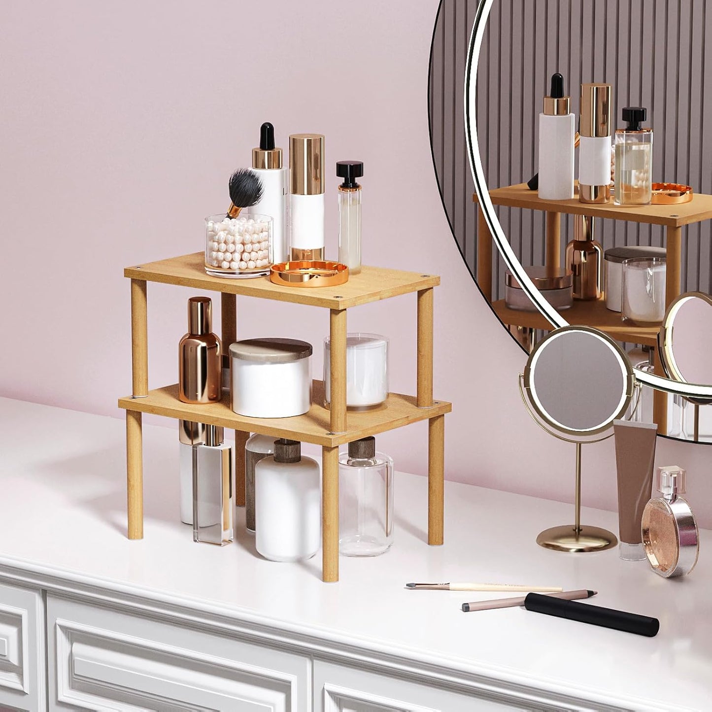 Cabinet Organizer Shelf(Set of 2),Kitchen Counter Shelves,Bamboo Stackable Expandable Spice Rack Countertop(Medium)