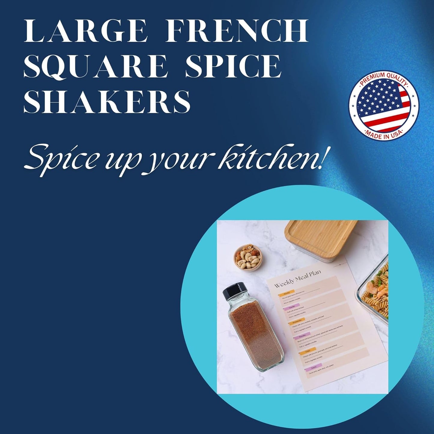 JARMING COLLECTIONS 16oz Glass French Square Spice Shakers with Lids – Large Seasoning Containers for Kitchen, Pantry, Herbs & Spices - Enhance Your Spice Storage – Made in USA