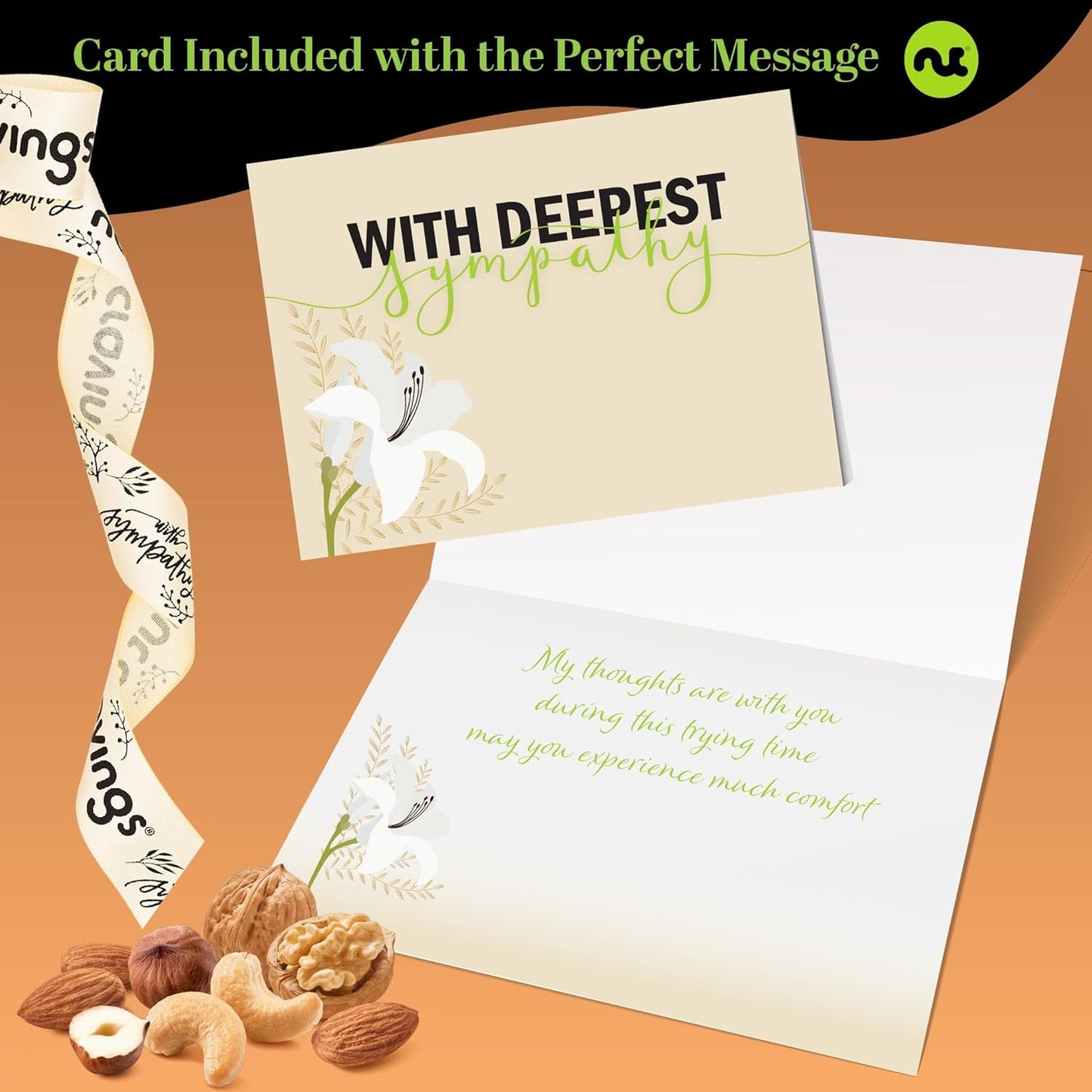 NUT CRAVINGS Gourmet Collection - Sympathy Condolence, Nuts Gift Basket with Sympathy Ribbon + Greeting Card in Reusable Wooden Tray (12 Assortments) Food Platter Healthy Snack Care Package, Food Assortments