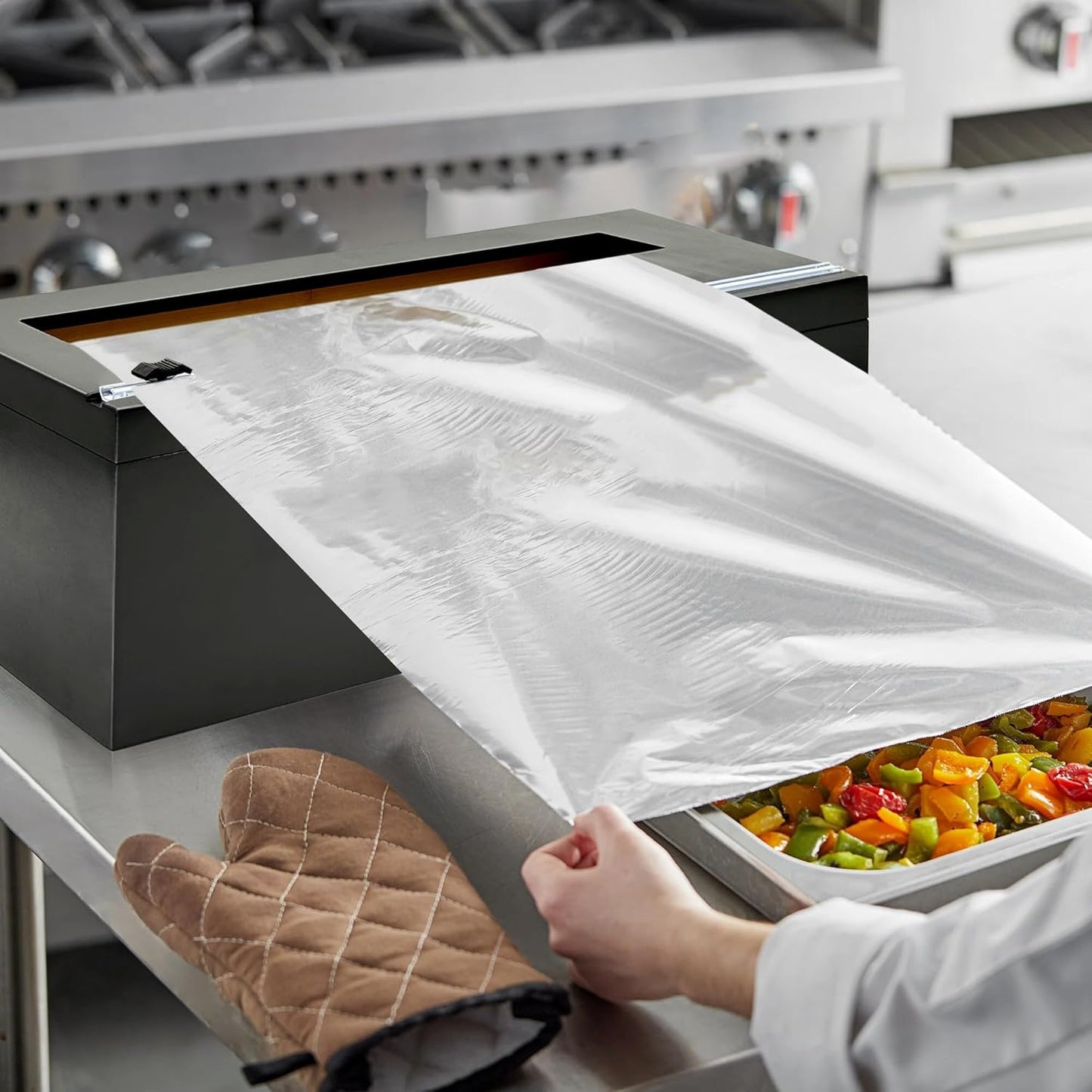 Black 18 Inch Commercial Plastic Wrap Dispenser with Cutter & Roller - Heavy Duty 3000ft Film & 1000ft Foil Holder - Fits Butcher, Freezer, Kraft Paper for Restaurant Kitchen Food Service