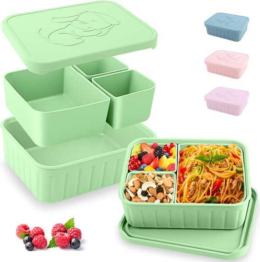 Bento Lunch Box for Kids-Reusable Silicone Kids Bento Box Lunch Container Leakproof Lunchbox Meal Prep Food Storage Containers with 3 Removable Compartments–Dishwasher Safe/BPA Free/Portion Control