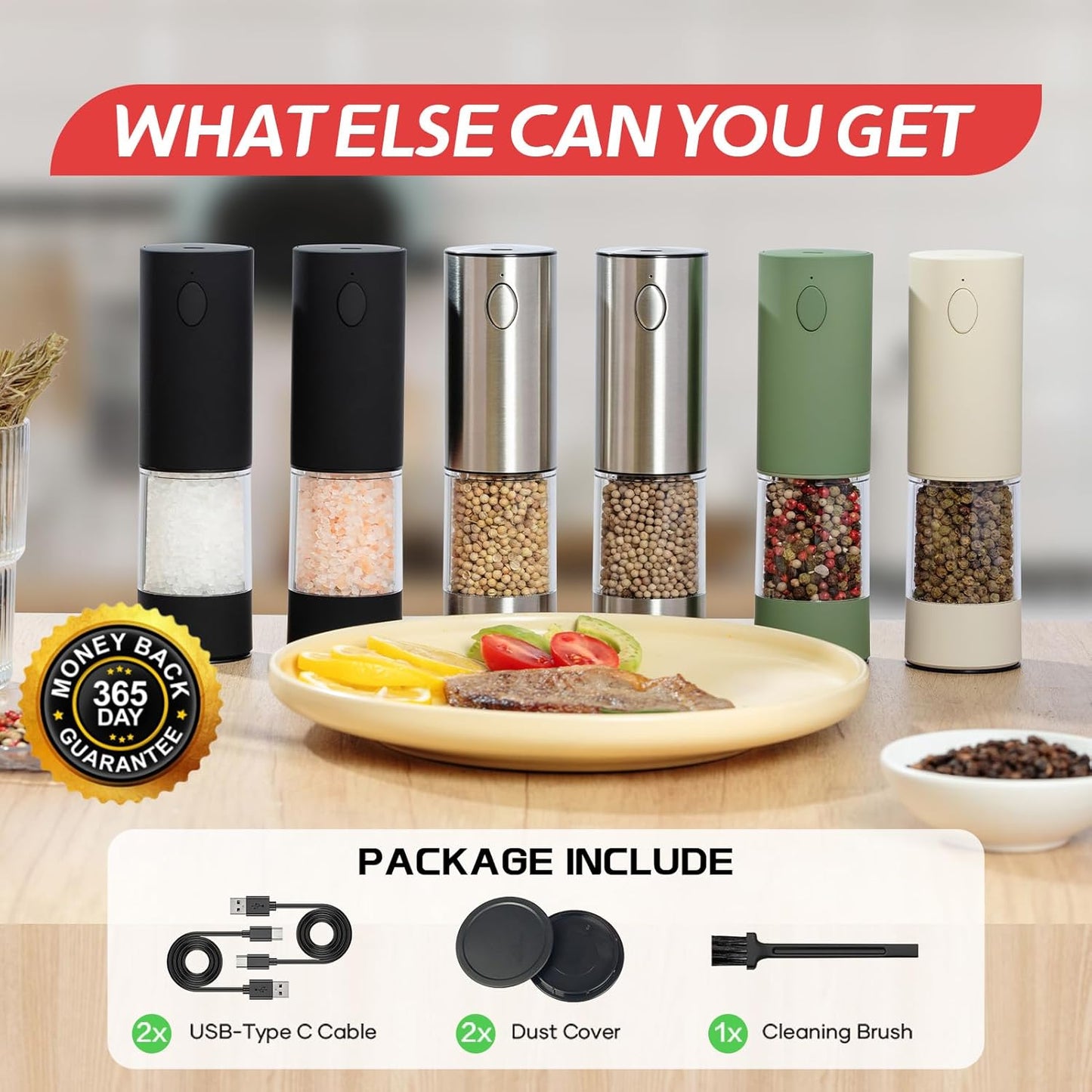 Electric Salt & Pepper Grinder Set (2 Pack) – USB Rechargeable, Adjustable Coarseness, One-Handed Operation with LED Light – Automatic Spice Mill Shaker for Kitchen, Dining, or Camping