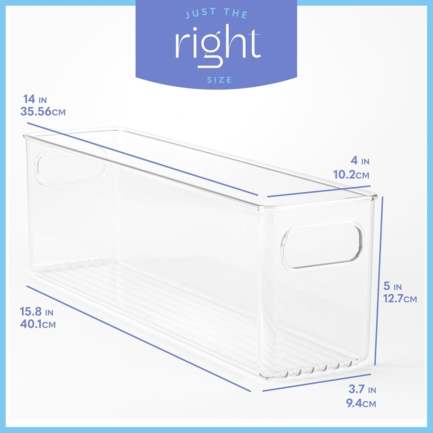 Plastic Food Storage Clear Container Bin with Handles for Organizing Kitchen, Pantry, Refrigerator, Freezer, Pantry, Cabinet, Closet, Bathroom. 14”x4”x5”