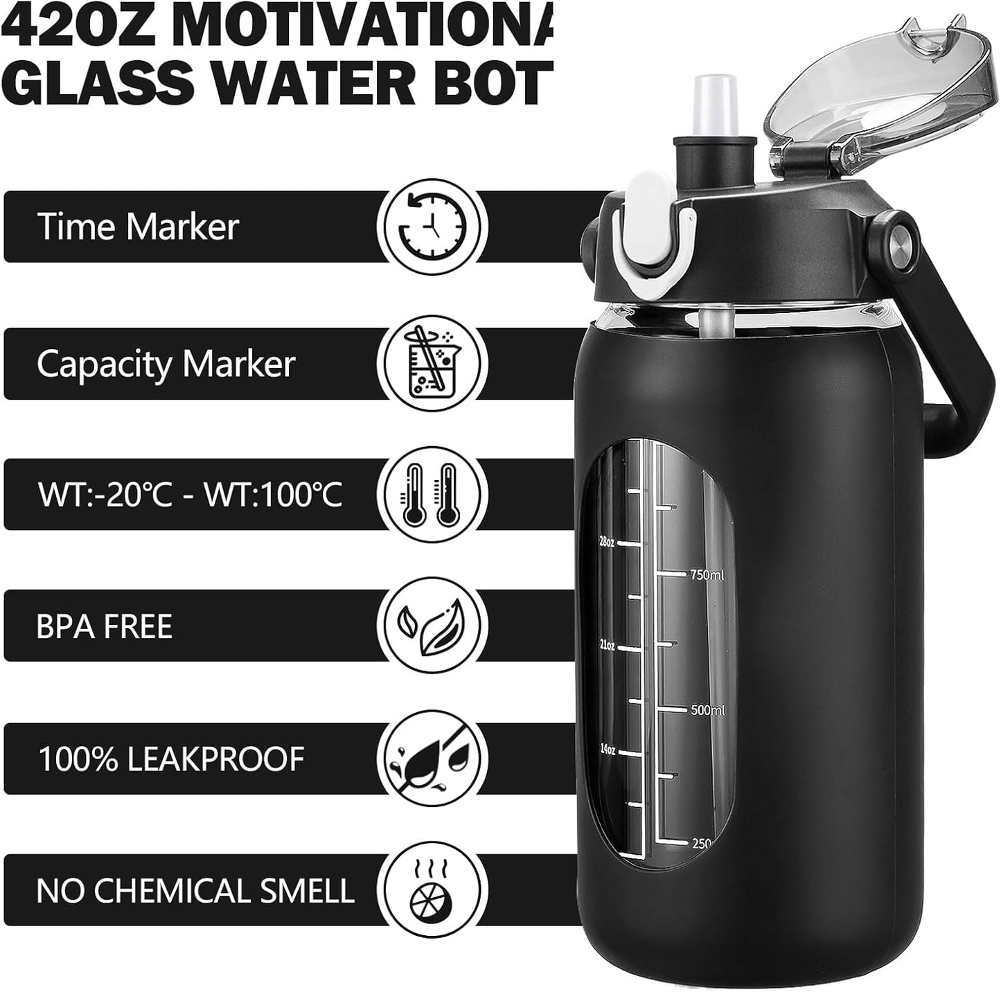 kytffu 42oz Glass Water Bottles with Straw, Motivational Glass Bottle with Silicone Sleeve and Time Marker, Leakproof Large Glass Water Jug for Gym Home Office,Black