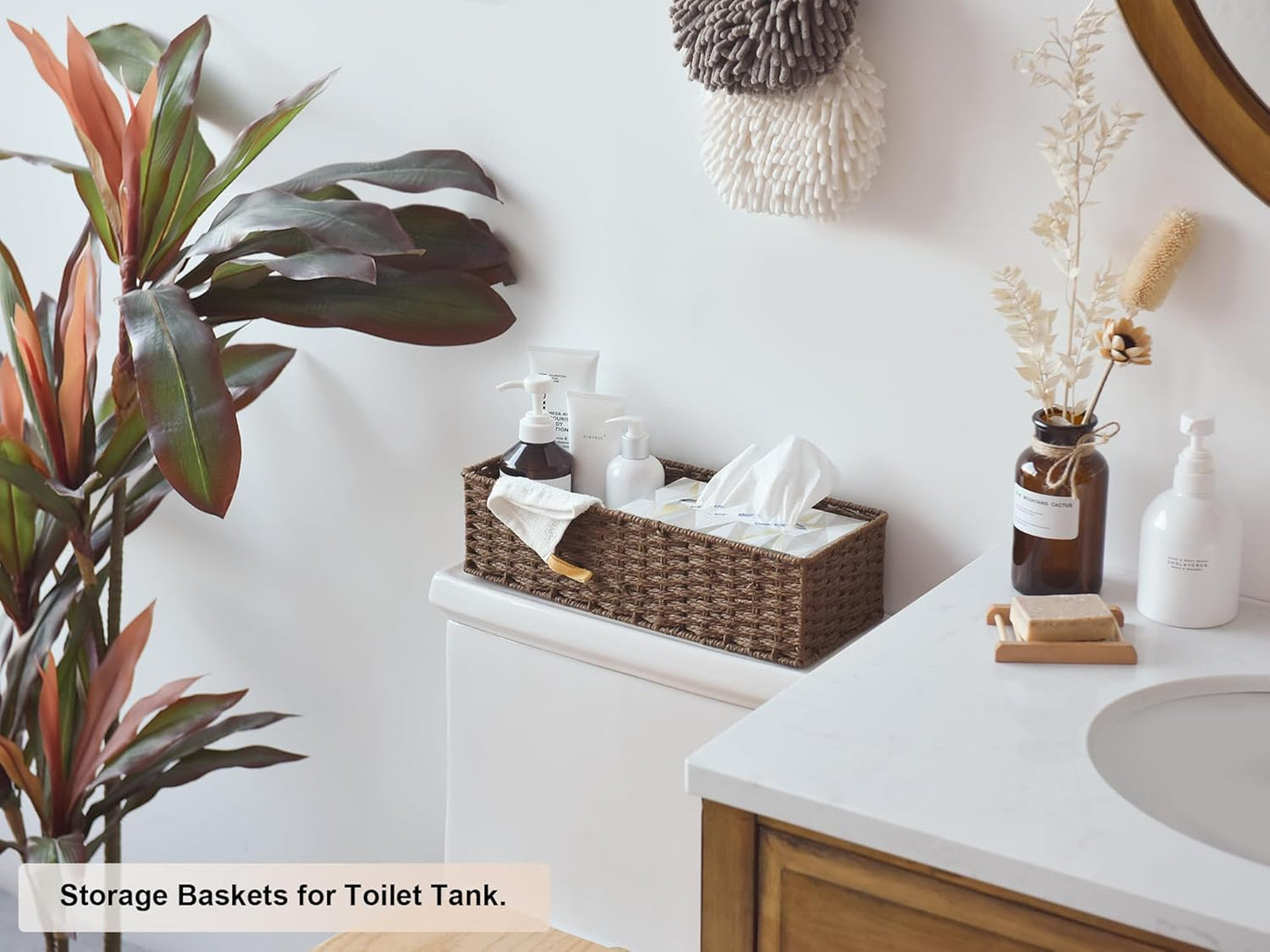 StorageWorks Round Paper Rope Toilet Tank Topper Basket, Wicker Basket for Bathroom, Brown, 2-Pack