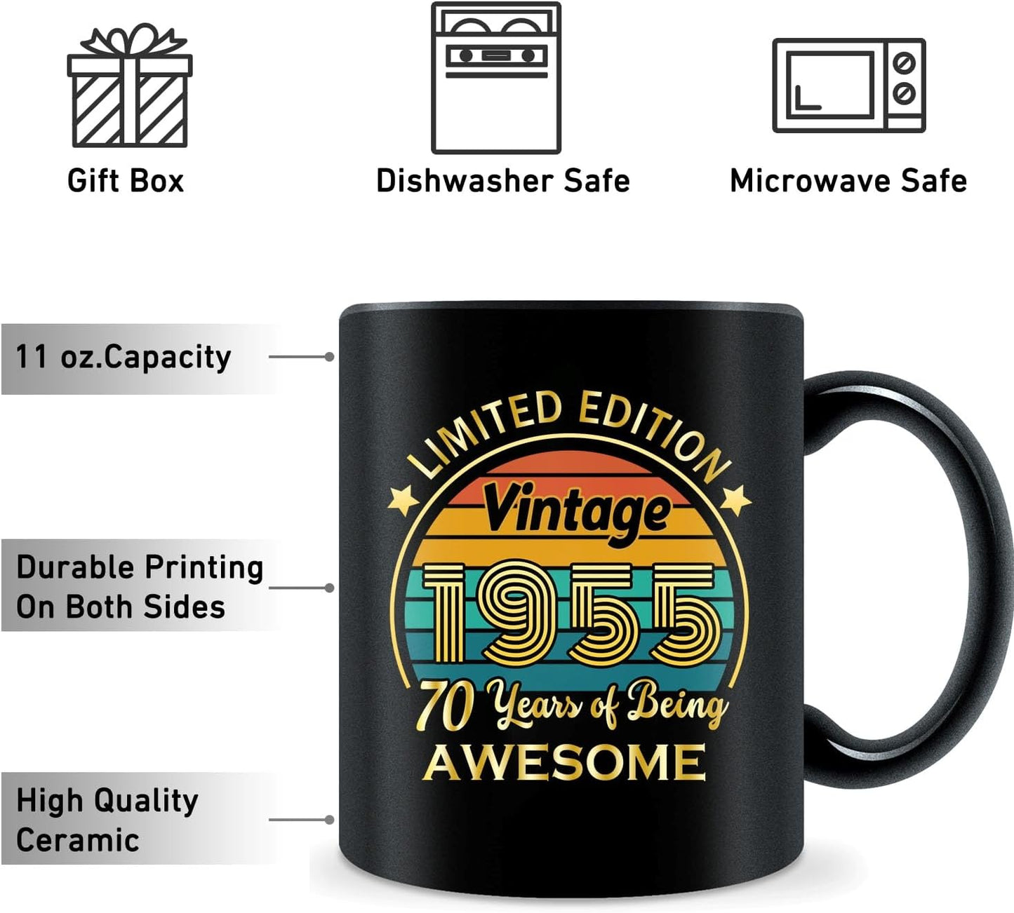 QUPT 70th Birthday Gifts for Women Men, 70th Birthday Gifts for Him, 1955 Birthday Gifts for Women Men, 70 Years Old Gifts, 1955 Birthday Gifts for Her Him, 70th Birthday Presents Coffee Mug