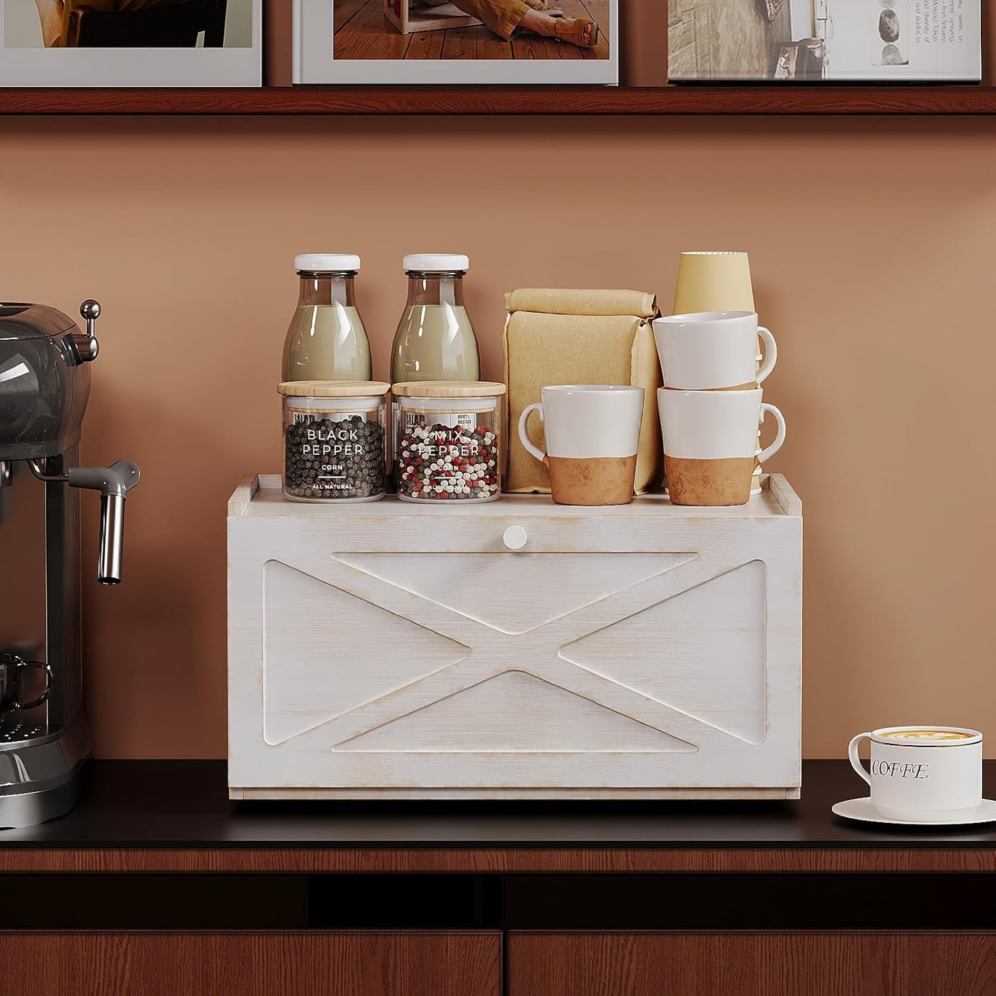 Bamboo Bread Box for Kitchen Counter Farmhouse Bread Storage Container Large Capacity Bread Storage Bin Bread Holder (Antique White)