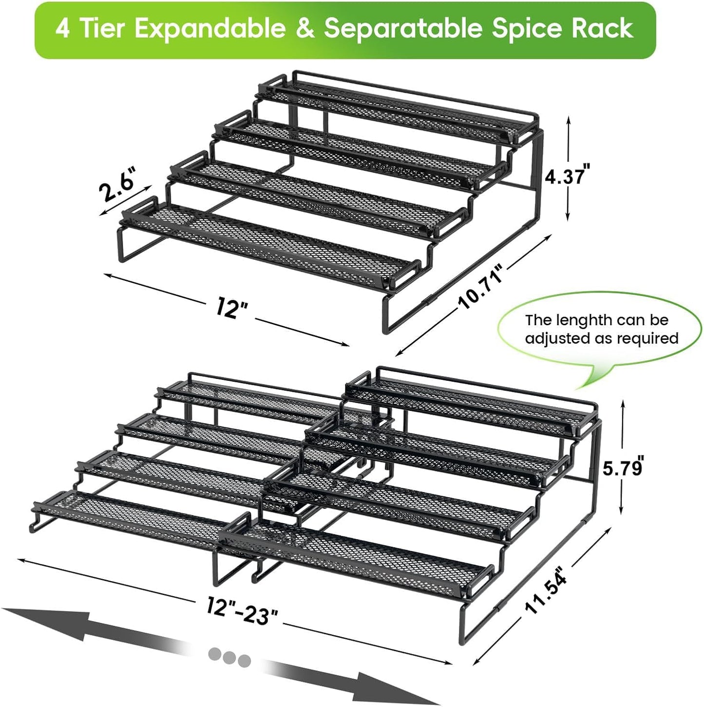 4 Tier Spice Rack Organizer for Inside Cabinet Expandable Display Riser Shelf Seasoning Organizer for Countertop Cupboard Pantry Adjustable Step Storage Holder with Protection Railing (Black, 2PC)