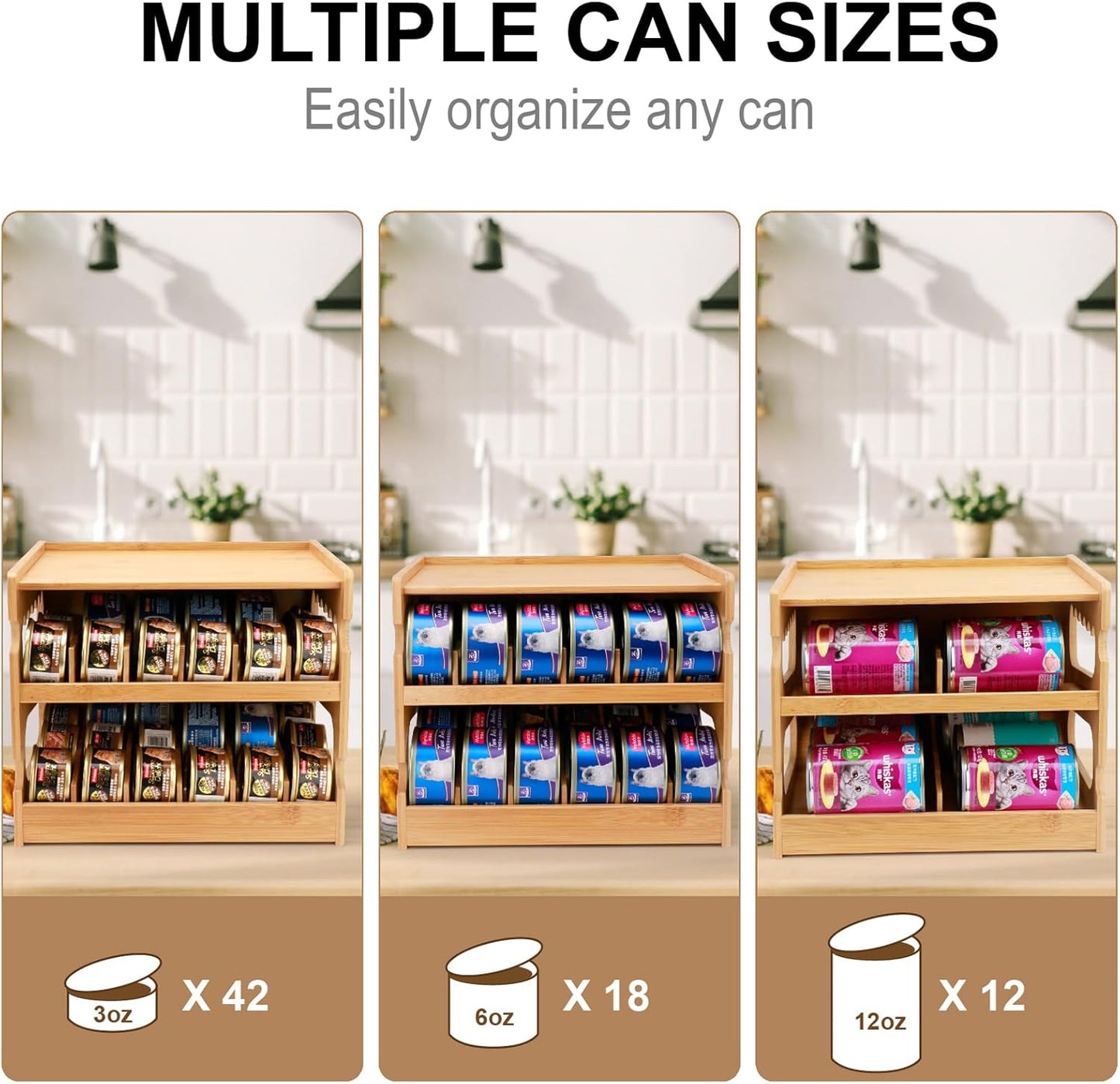 Bamboo Can Organizer for Pantry, 2 Tier Bamboo Pantry Organizer for Kitchen Counter, Cat Food Storage Holds Up to 36 Cans, Can Rack Organizer for Human and Pet Food Cans, FIFO Design