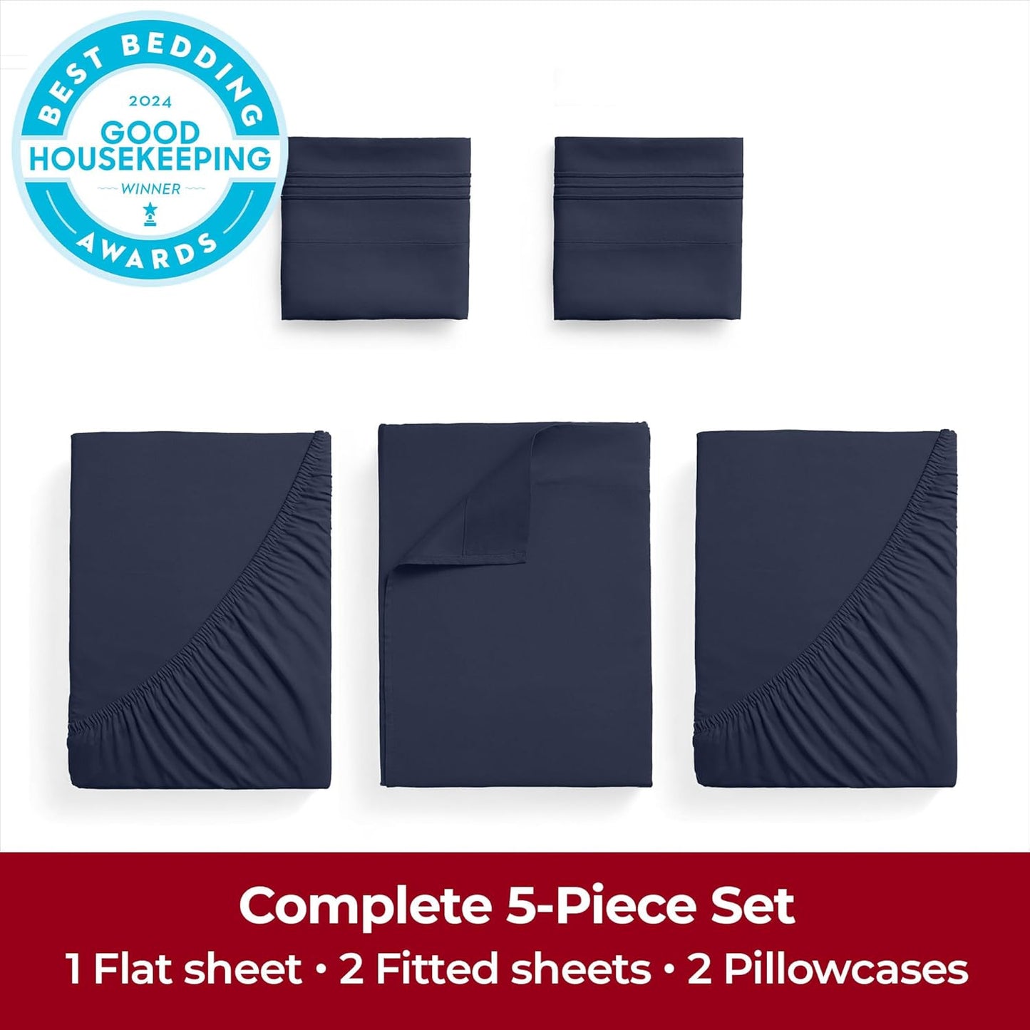 Mellanni Extra Deep Split King Sheets - 5 PC Iconic Collection Bedding - Hotel Luxury, Ultra Soft, Cooling Bed Sheets - Wrinkle, Fade, Stain Resistant (Split King, Navy Blue)