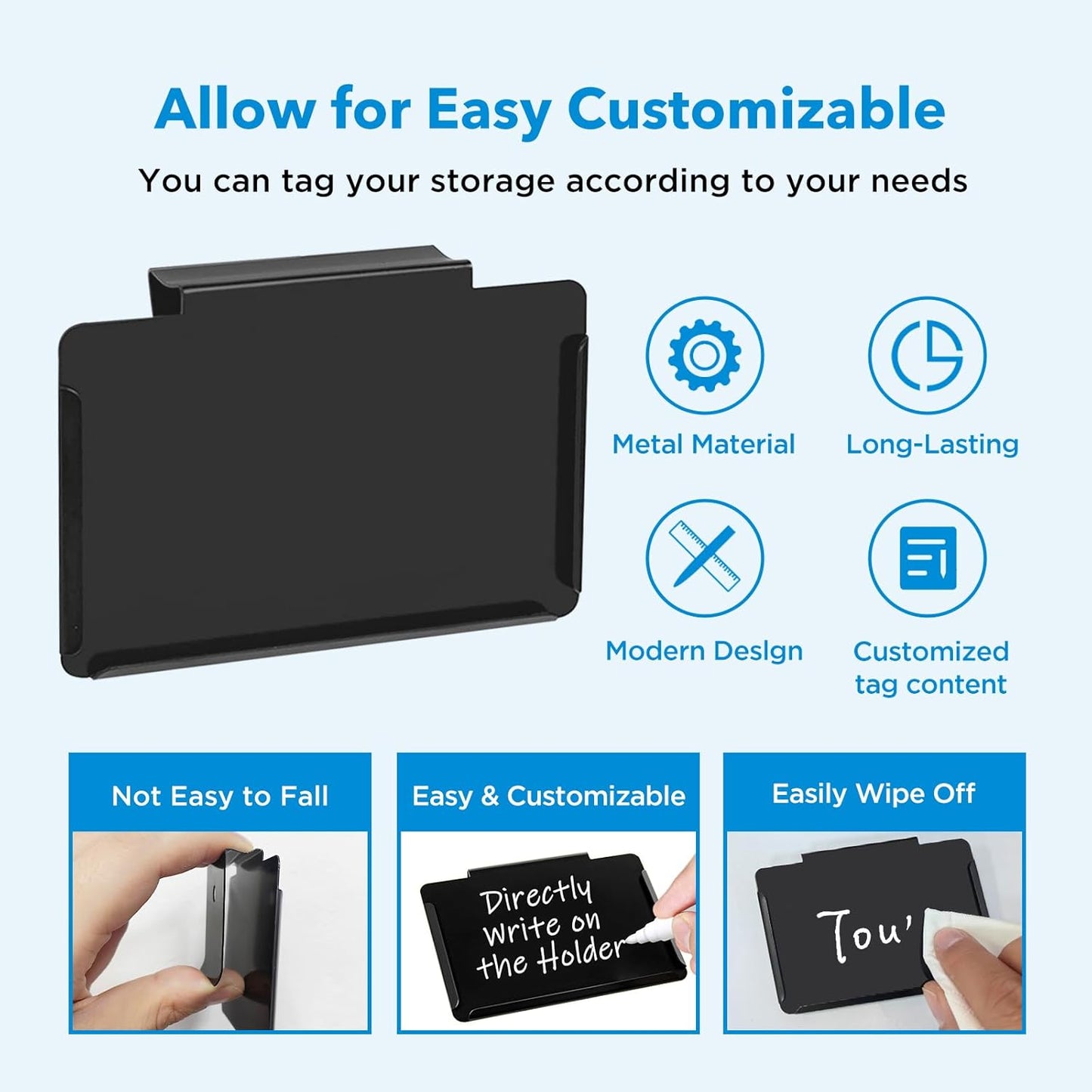 Metal Pantry Baskets Labels Clip On for Storage Bins | Edge Fold-Cream (Edge Fold-Black, 8 Metal Label Clip)