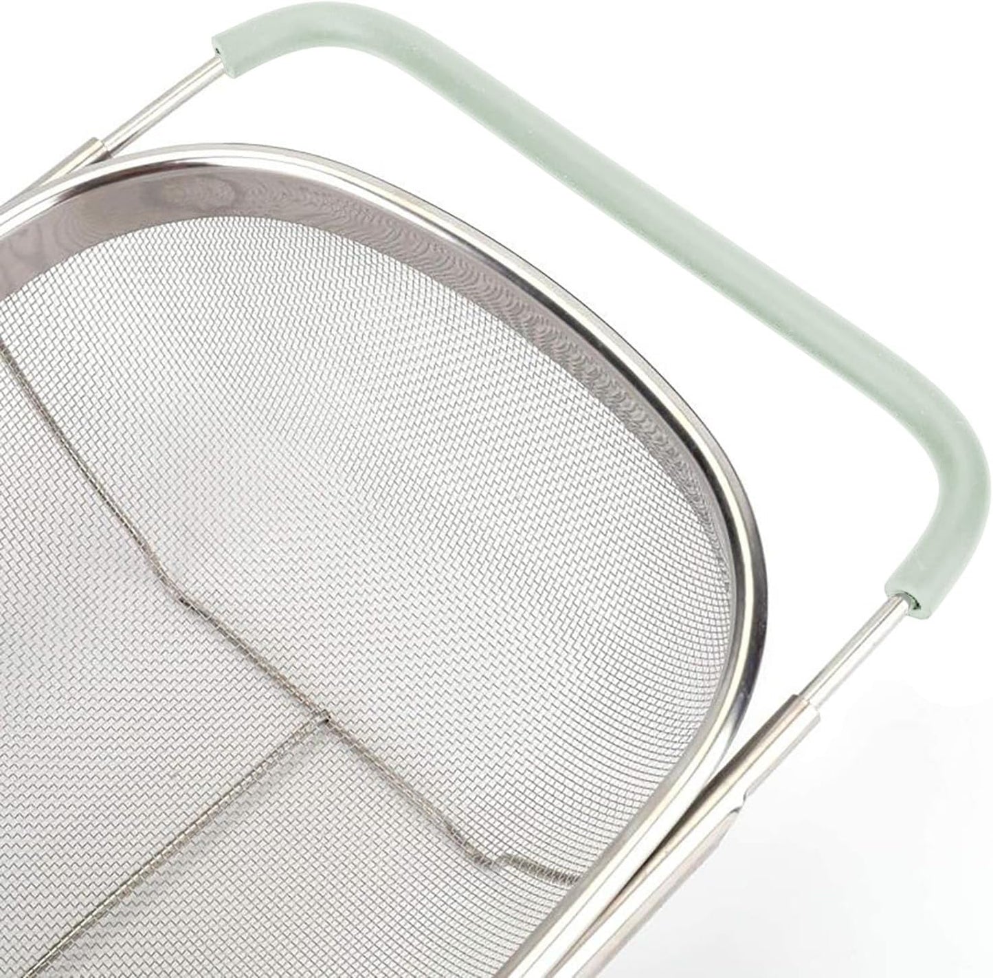Over The Sink Colander, 6 Quarts Stainless Steel Oval Colander with Expandable Rubber Grip Handle, Fine Mesh Strainer Baskets Kitchen Colanders for Strain, Drain, Rinse Vegetables, Mint Green