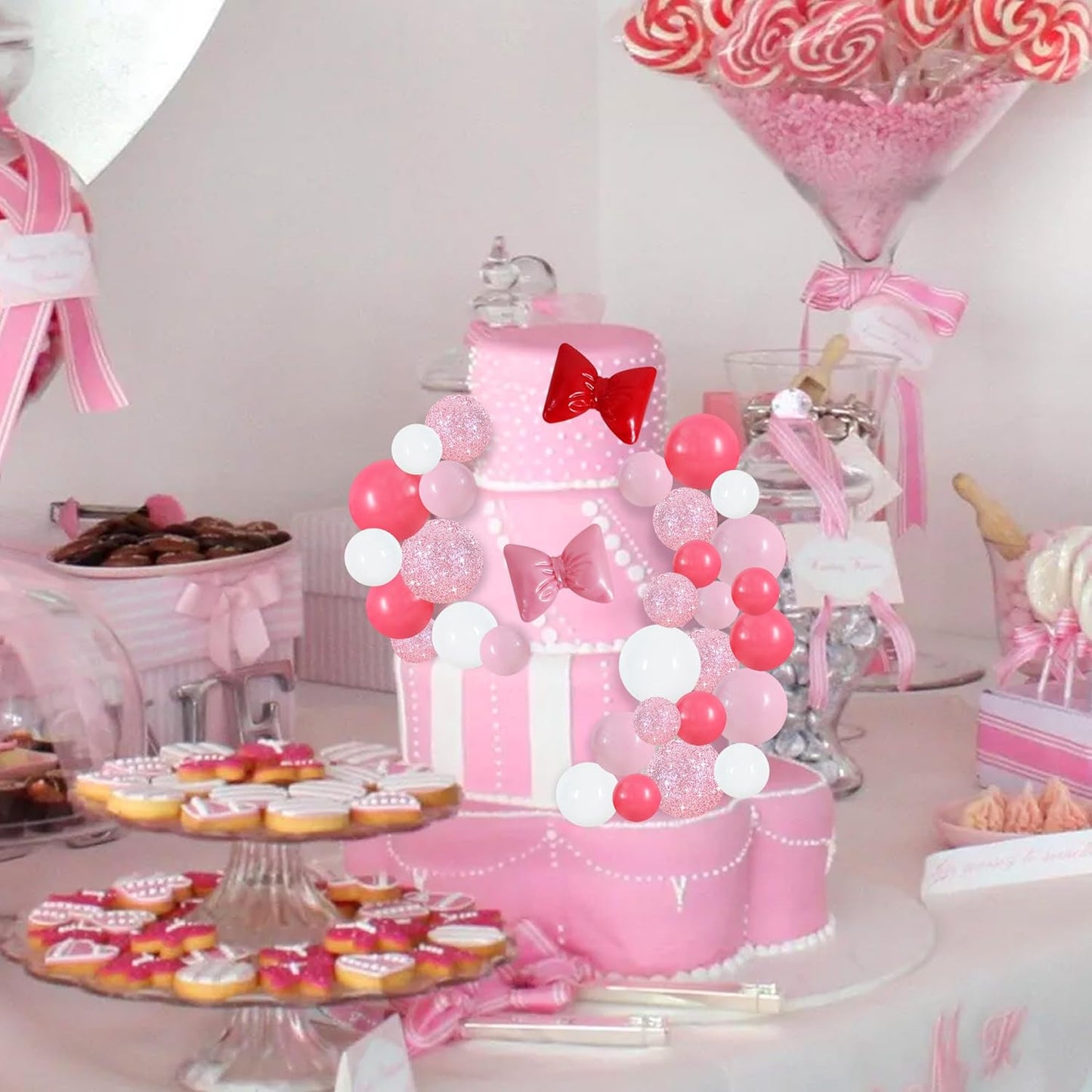 BEISHIDA 42 pcs Foam Ball Cake Toppers with Sticks Includes 2 Bow Cake Decor Perfect for Birthday Party Pink&White Theme Party Decor Wedding Anniversary Celebration(Pink, White)