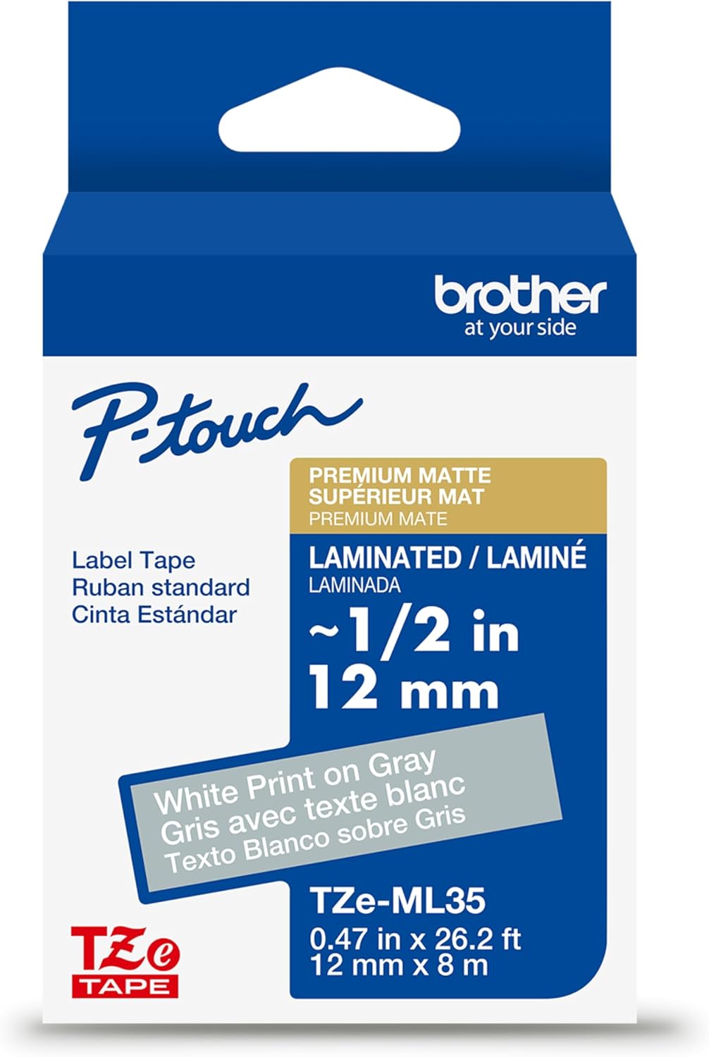 Brother Genuine P-Touch TZe, White Print on Gray Label Tape (TZeML35), Premium Matte Laminated,1in x 26.2ft (24mm x 8m), for Select P-Touch Label Makers, for Crafts, Home Office, Small Business