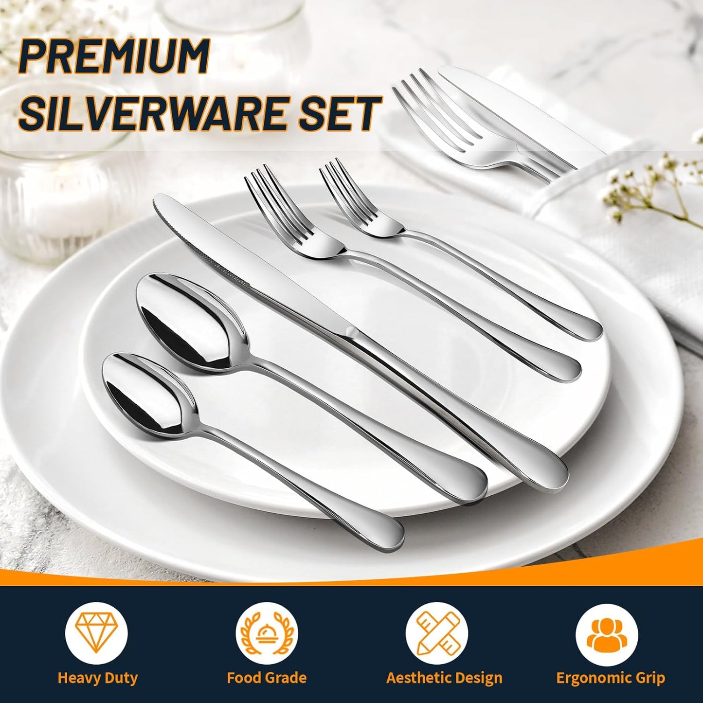 60 Piece Silverware Set for 12, Premium Stainless Steel Flatware Set, Eating Utensil Sets with Steak knives, Cutlery Tableware Service Include Fork Knife Spoon Set, Mirror Polished