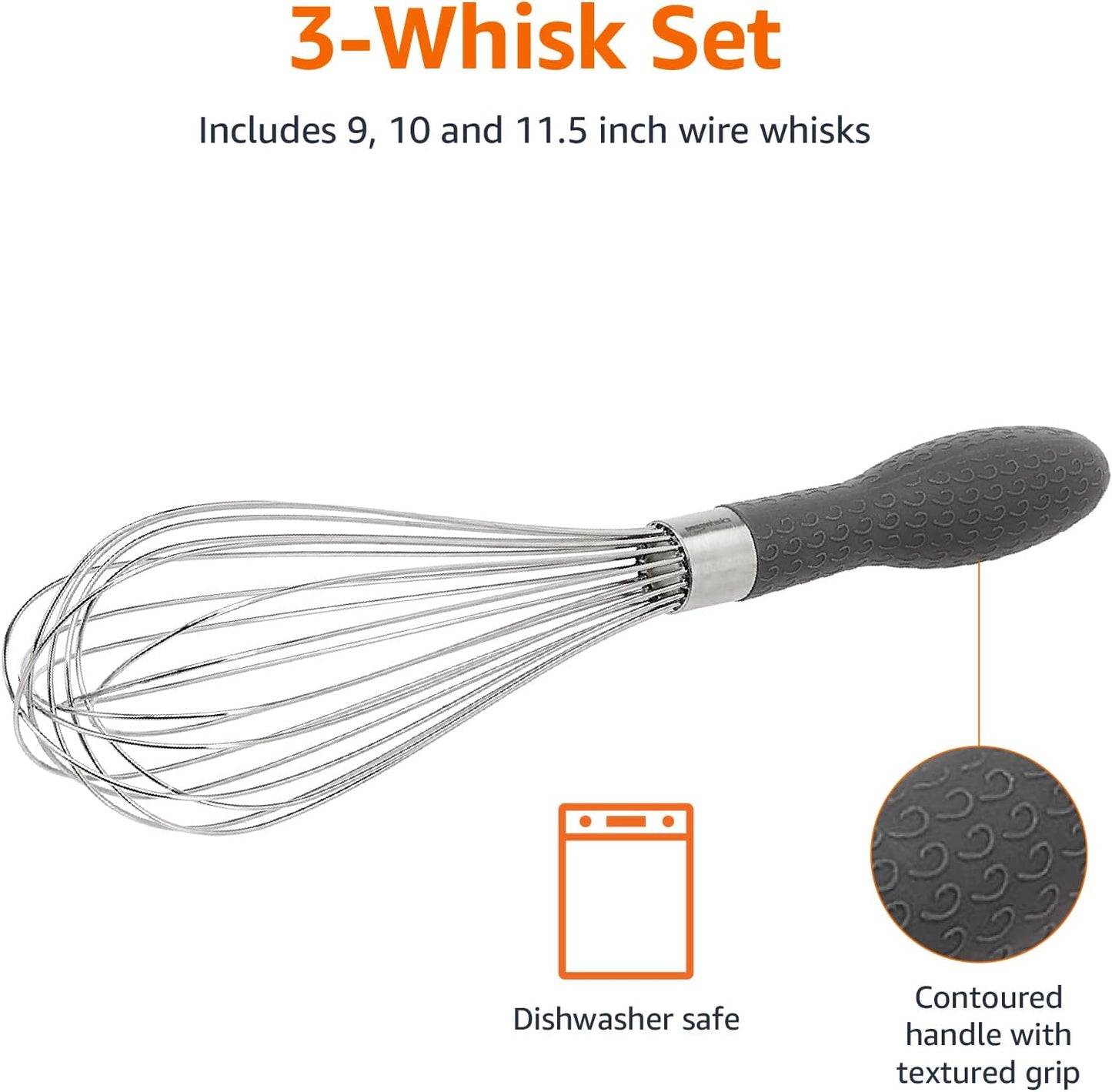 Amazon Basics Stainless Steel Wire Whisk Set for Cooking, Dishwasher Safe, 3 Piece, Black/Silver