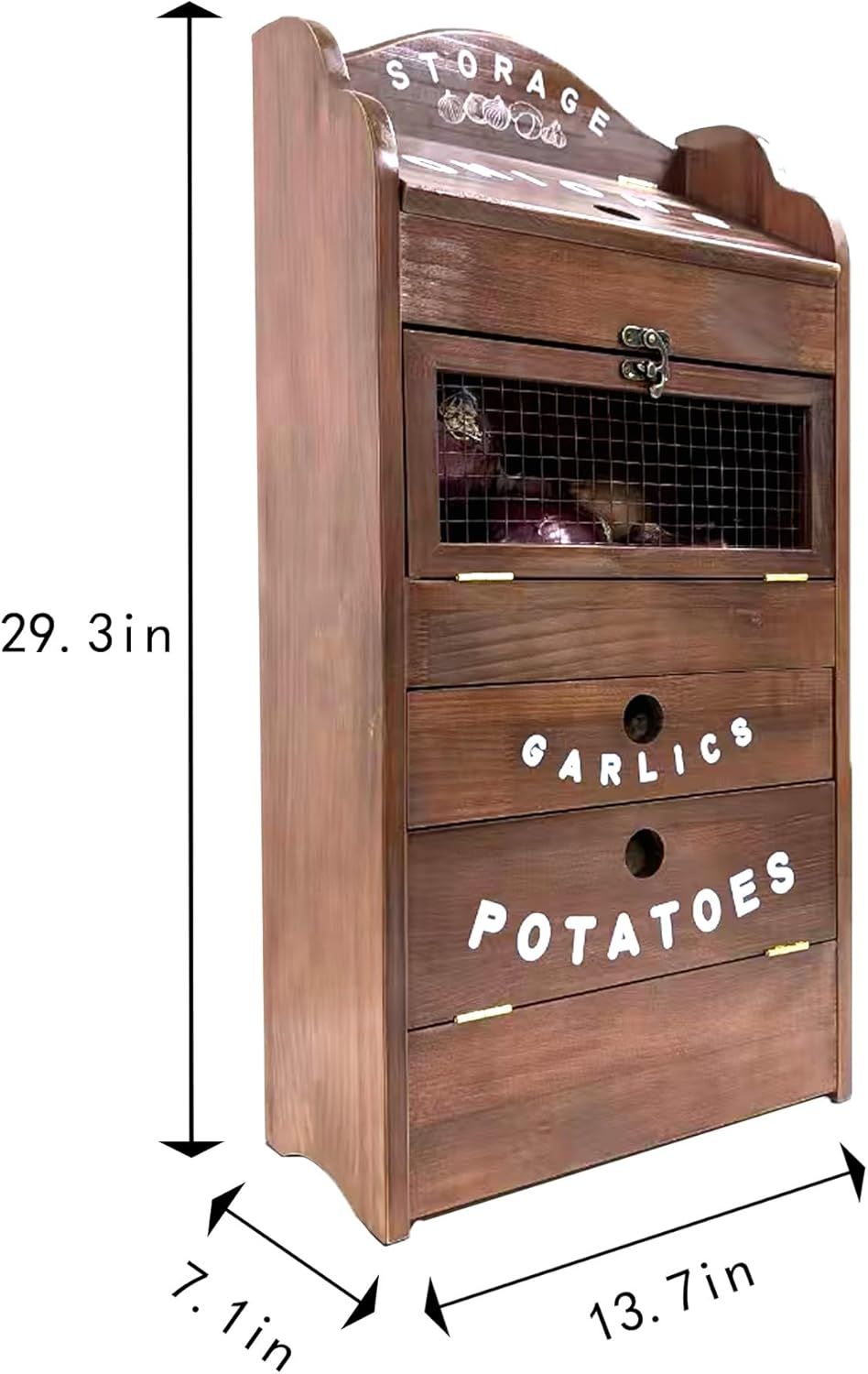ARTAWEIN Pine Wood Veggie Bin for Potato, Onion and 1 Garlic Drawer Vegetable Box for Kitchen Storage, Solid Wood Vegetable Bin 13.77" L X 7.1" W X 29.3" H (Rustic Walnut)