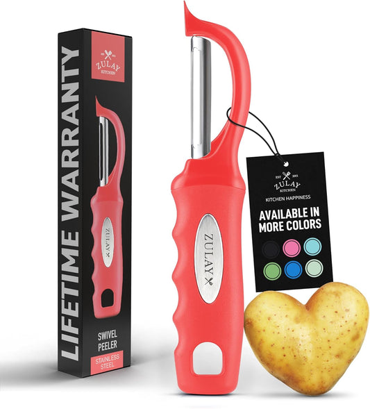 Zulay Kitchen Premium Vegetable Peeler for Kitchen - Swivel Peeler with Razor Sharp Stainless Steel Blades & Strong Ergonomic Handle - Dishwasher Safe, Easy To Use with Blemish Remover - Red