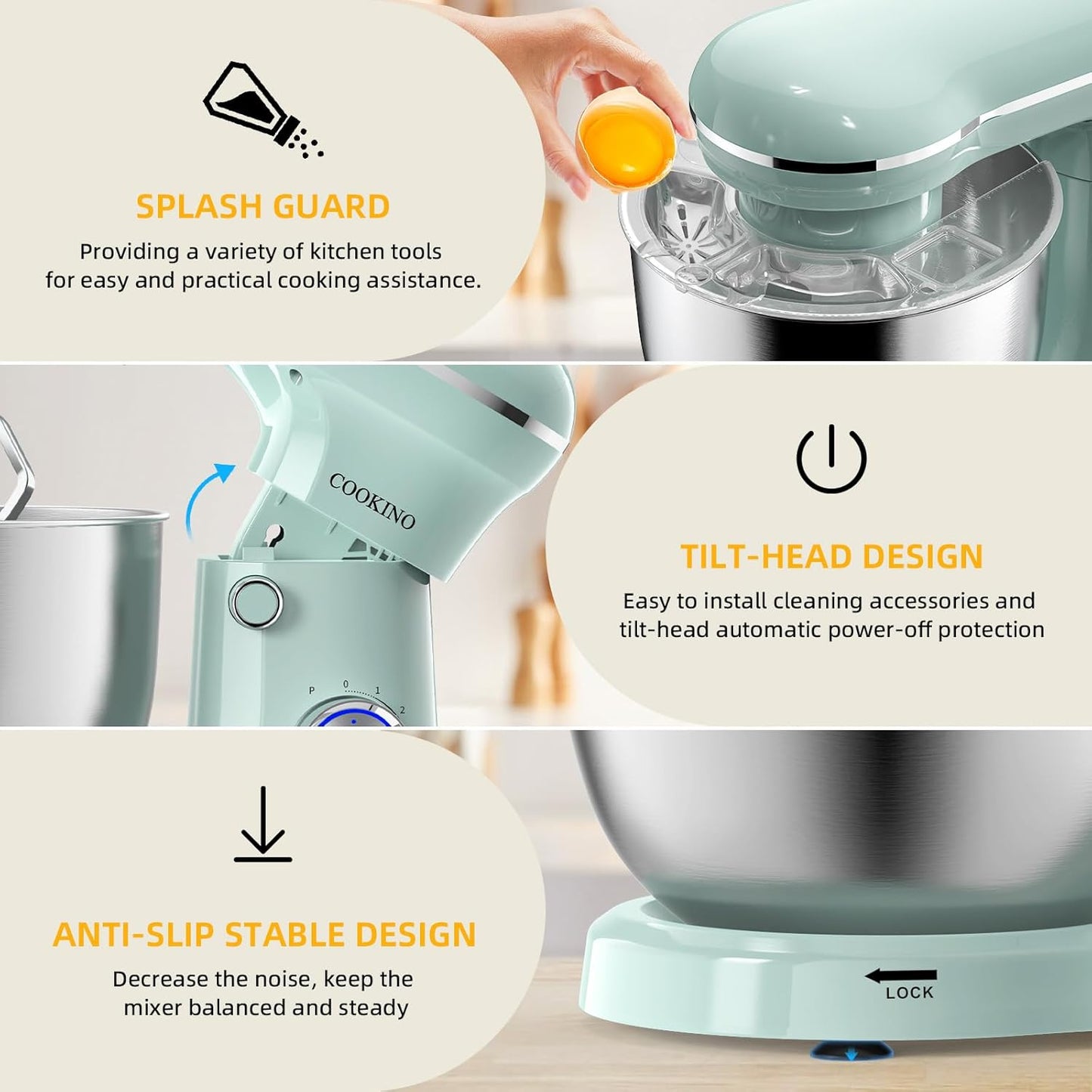 Electric Stand Mixer,10 Speeds 660W Tilt-Head Food Mixer, 3-IN-1 Kitchen Mixer for Daily Cooks with 6.5 QT Bowl,Dough Hook, Beater, Whisk (Agave Green)