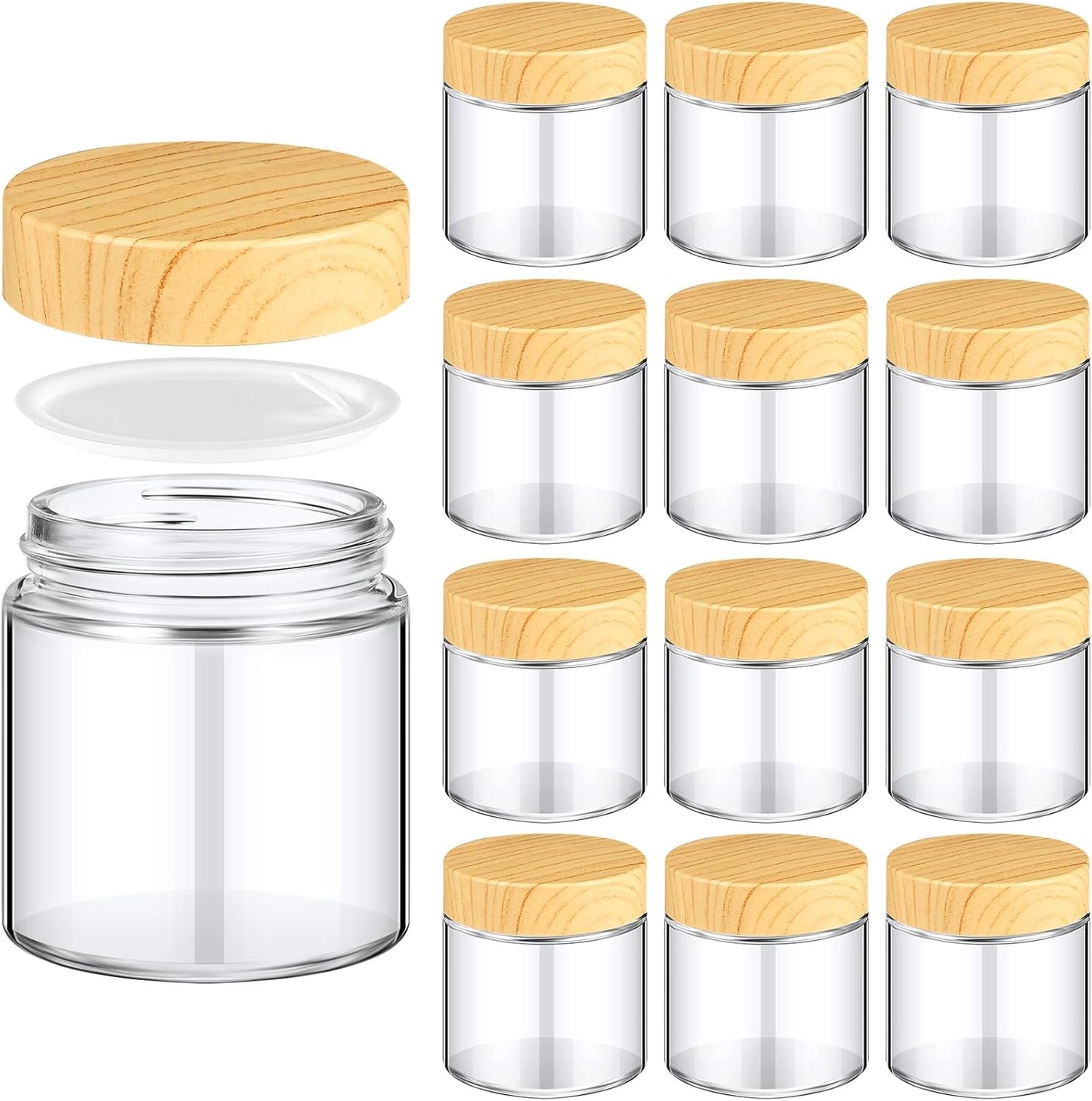 Norme 12 Pcs 4 oz Glass Jars with Lids Empty Small Glass Containers and Inner Liners Reusable Cosmetic Jars Round Airtight Bottles with Plastic Woodgrain Lids for Travel