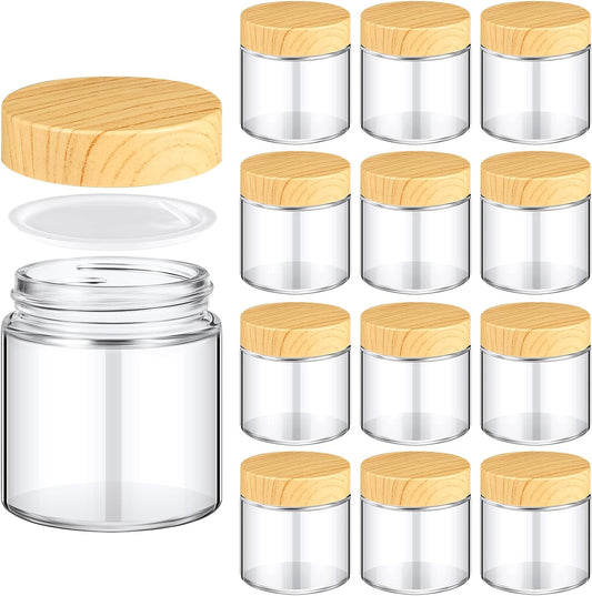 Norme 12 Pcs 4 oz Glass Jars with Lids Empty Small Glass Containers and Inner Liners Reusable Cosmetic Jars Round Airtight Bottles with Plastic Woodgrain Lids for Travel