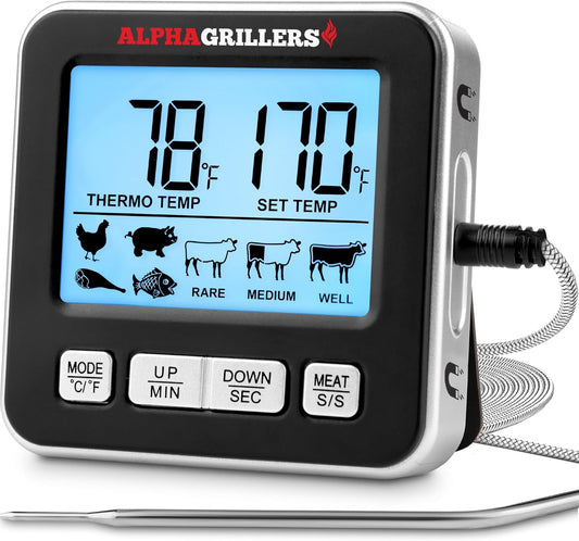 Alpha Grillers Turkey Thermometer - Digital Meat Thermometer with Electric Oven Safe Wired Leave-in Probe for Cooking & Roasting - Large Display with 7 Preset Temp Alerts, Timer & Alarm