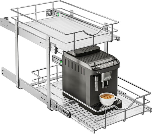 WelFurGeer 2-Tier Stainless Steel Pull Out Cabinet Organizer, Soft Close Damping Slides, Heavy Duty Chrome Plated Wire Basket with Shelf Liner, Perfect for Kitchen Cabinets, Pantry Storage, Under Sink