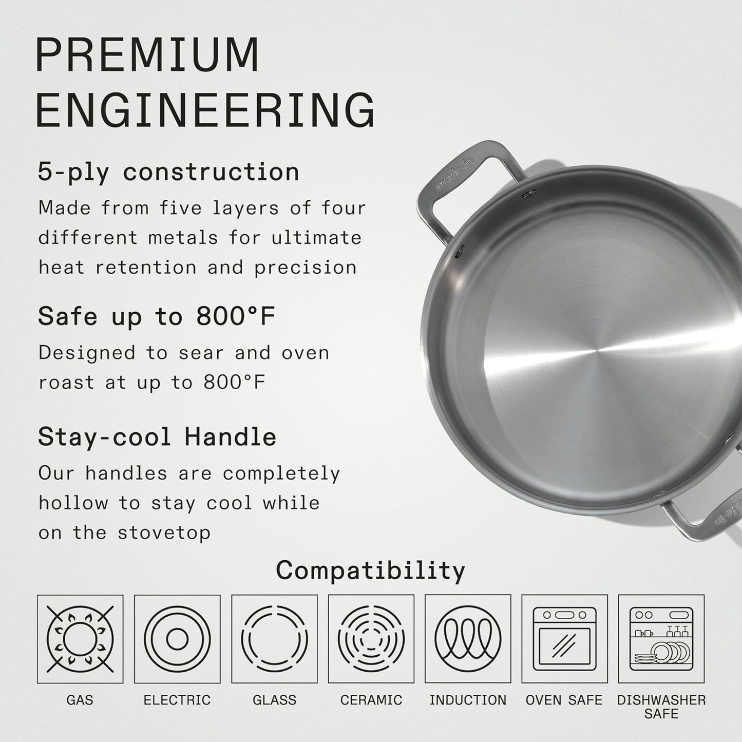 Made In Cookware - 6 Quart Stainless Steel Rondeau Pot w/Lid - 5 Ply Stainless Clad - Professional Cookware - Crafted in Italy - Induction Compatible