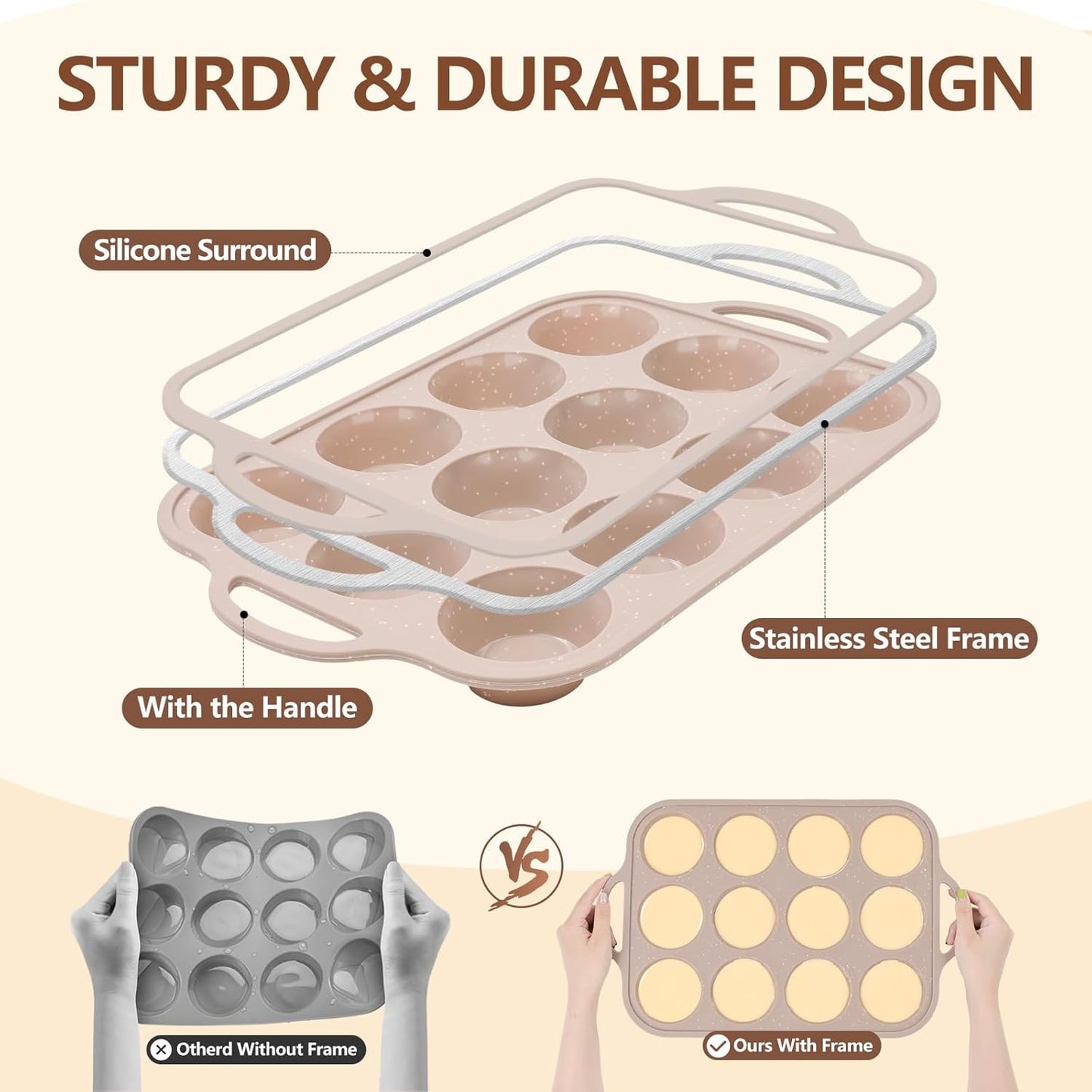 Vinino 8-Piece Baking Pans Set Nonstick, Bakeware Set includes Silicone Muffin, Loaf, Cake Pans with Metal Reinforced Frame, and Carbon Steel Roasting Pan, Cookie Sheet, Cooling rack for Oven