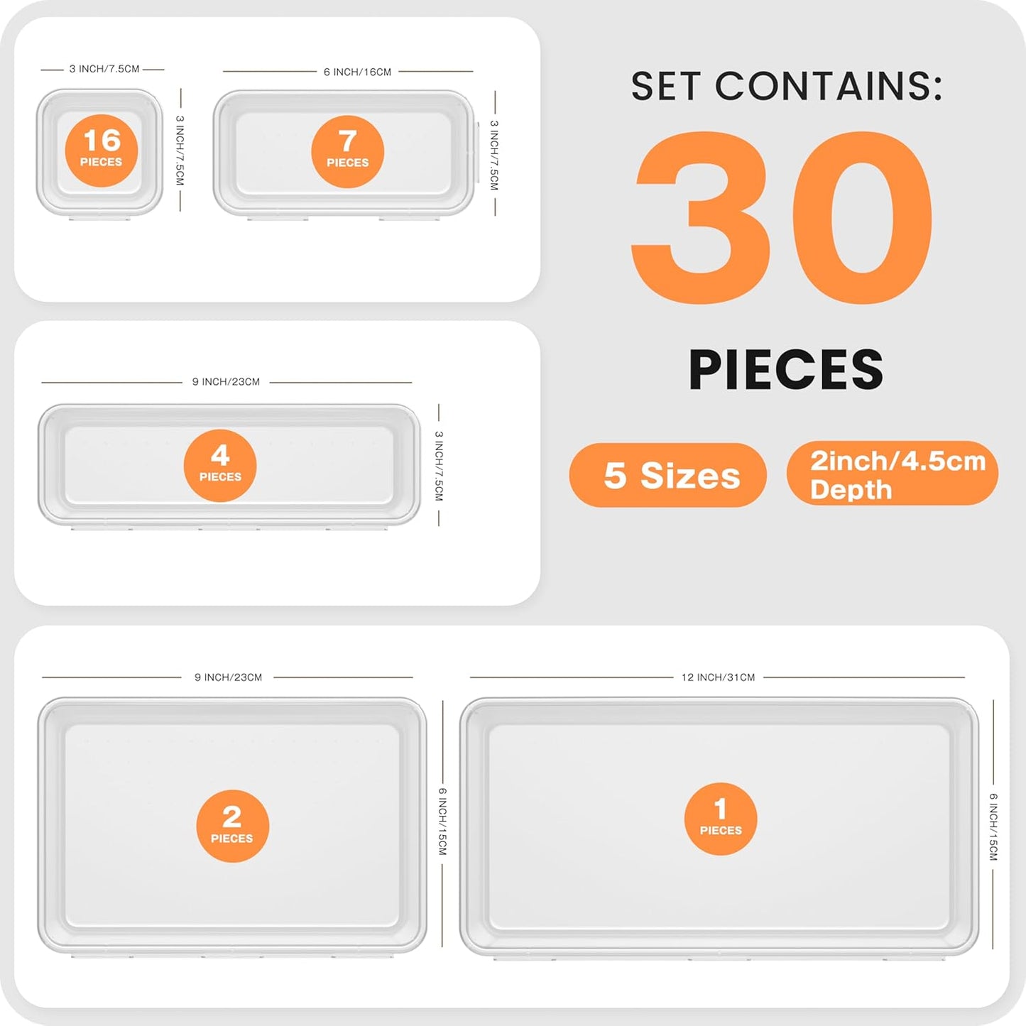 A-LuGei 【𝟯𝟬𝗣𝗰𝘀】【𝟱𝗦𝗶𝘇𝗲】 Drawer Organizer, Bathroom Organizers and Storage, Makeup organizer, Desk drawer organizer, Storage Bins for Kitchen Office Bedroom Vanity Tool Trays【𝐂𝐥𝐞𝐚𝐫】