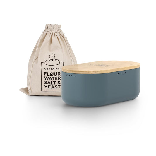 LARS NYSØM Bread Box I Metal Box with linen bag for long lasting freshness I Bread Bin with bamboo lid usable as cutting board I 14.2x7.5x5.1 In (Stone Blue)