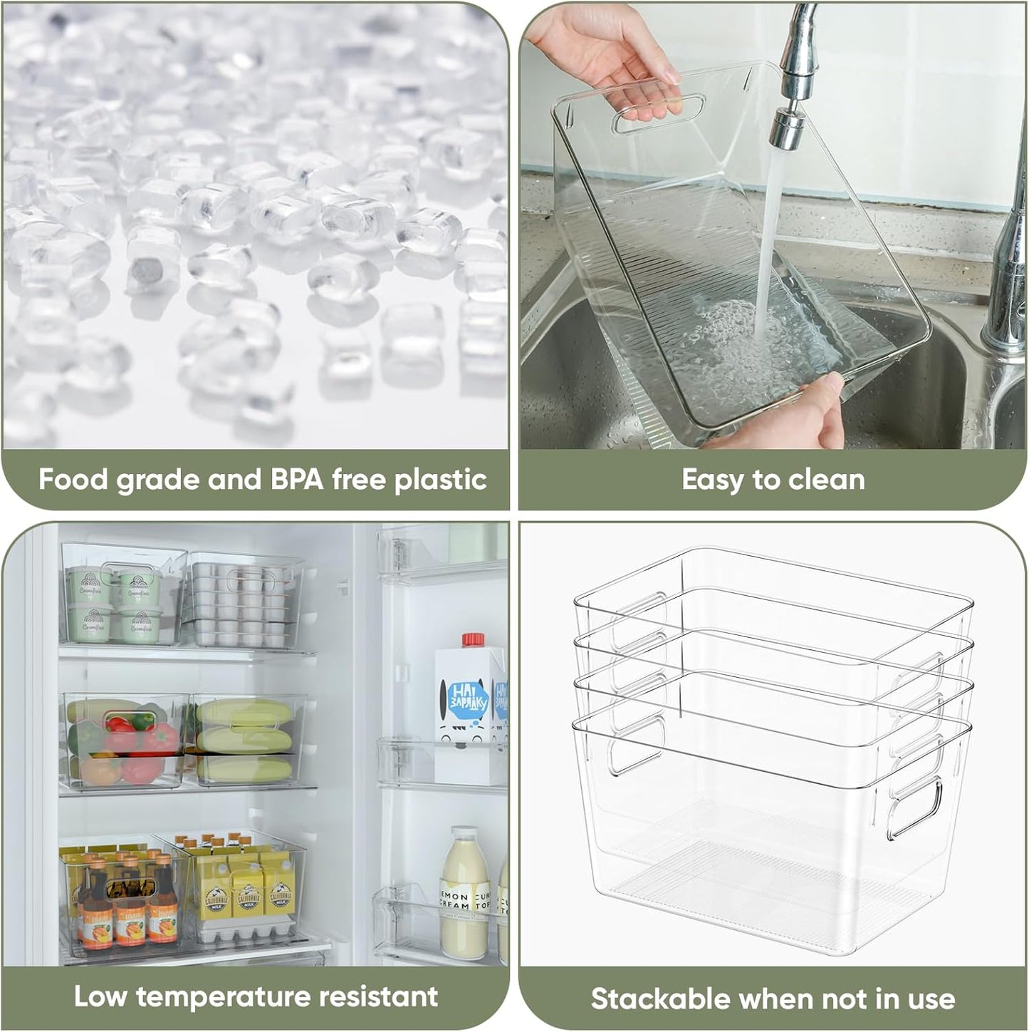 BALEINE Clear Plastic Storage Bins, Pantry Organization, BPA Free Stackable Refrigerator Organizers and Storage with Handles for Kitchen Fridge Cabinet Bathroom (6PK, 13x7.4x6.2)