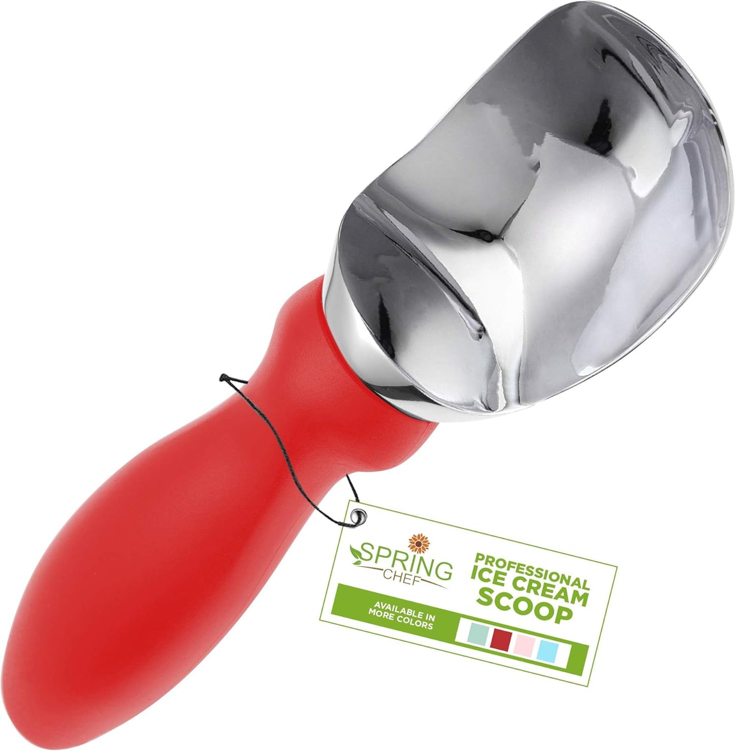 Spring Chef Red Heavy Duty Ice Cream Scoop - Stainless Steel Ice Cream Scooper with Non-Slip Handle - Premium Metal Kitchen Tool for Gelato, Sorbet, Melon - Dishwasher Safe Icecream Spoon