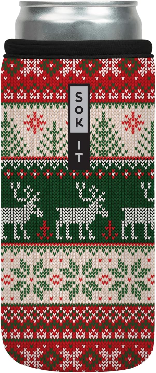Sok It CanSok Sleeve for Beer & Soda Insulated Neoprene Cover (Holiday Sweater, 12oz Slim Can Sleeve)