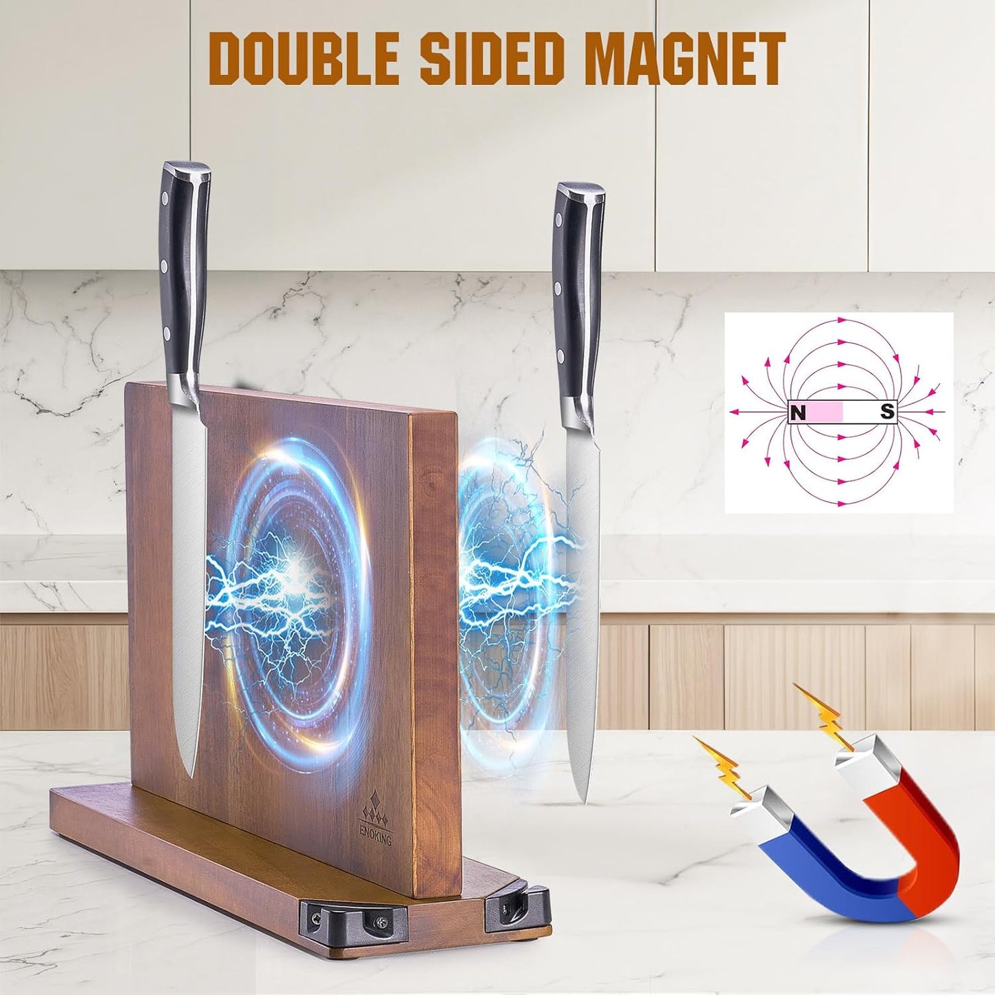 ENOKING 15.2" Extra Large Magnetic Knife Block with Dual Sharpeners, Acacia Wood Knife Holder & Display Stand with Strong Magnets
