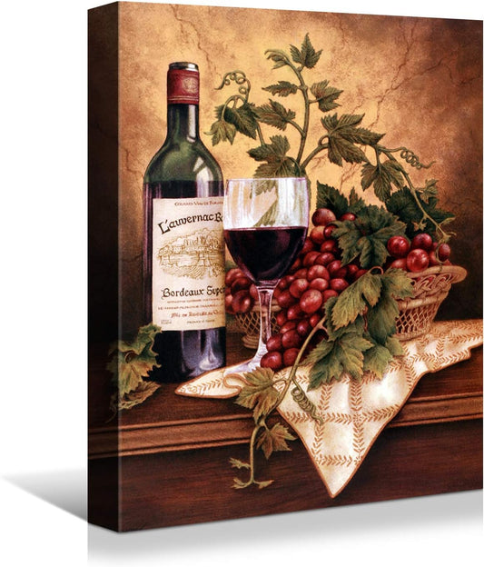 Looife Vintage Wine Bottle & Grapes Canvas Wall Art - Kitchen, Dining Room, Bar Decor - 18x24 inch, Ready to Hang Modern Art Deco