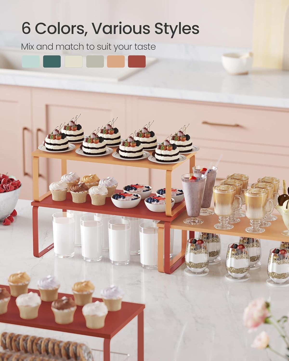 SONGMICS Cabinet Organizer Shelf, Set of 2 Kitchen Counter Shelves, Kitchen Storage, Spice Rack, Stackable, Expandable, Metal and Engineered Wood, Mandarin Red UKCS200Y02