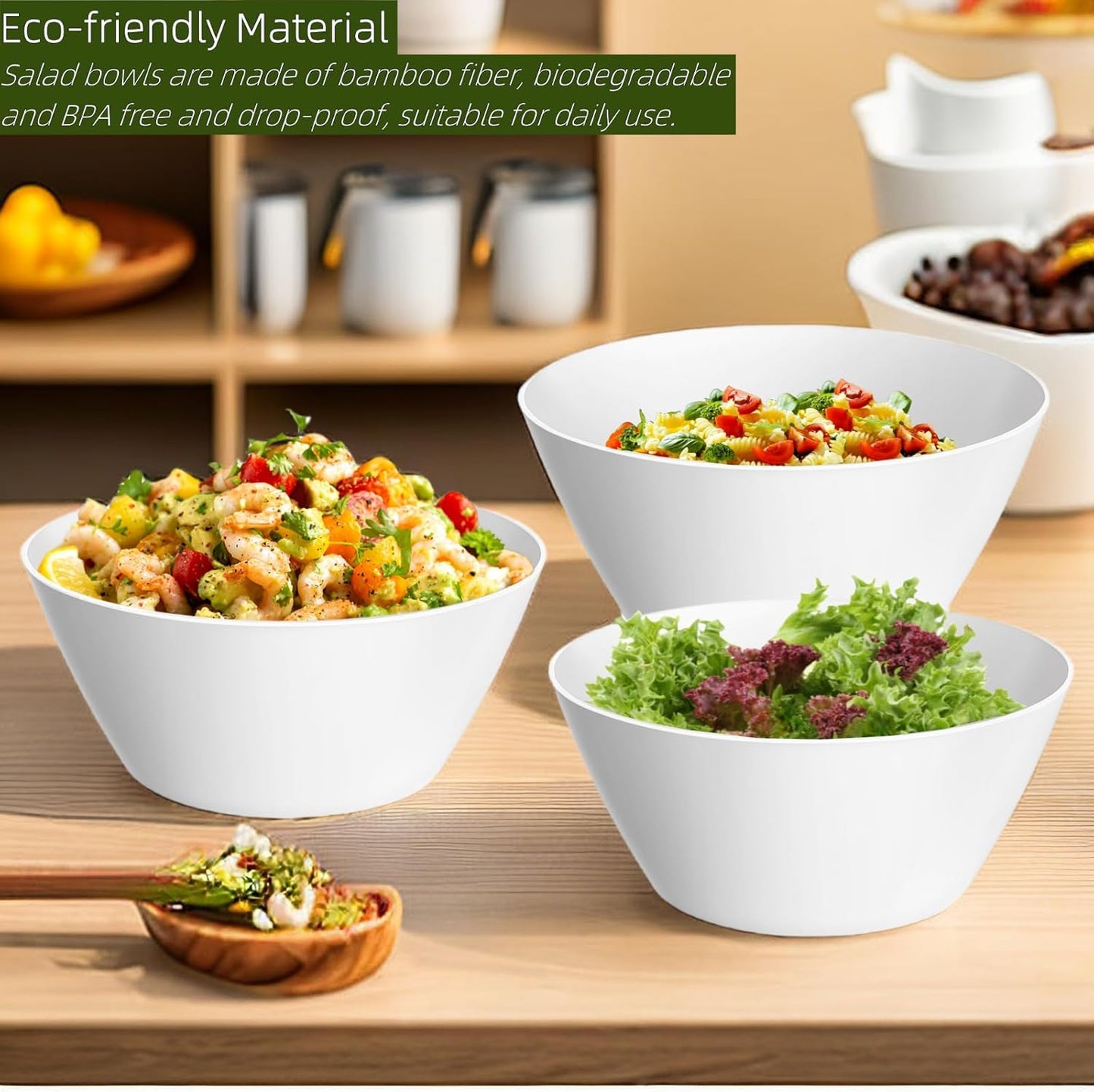 10 inch Large Salad Bowls, White Serving Bowls 118 oz, Bamboo Fiber Bowls Set of 3, Microwave and Dishwasher Safe, Great for Salad, Fruits, Vegetables and Party