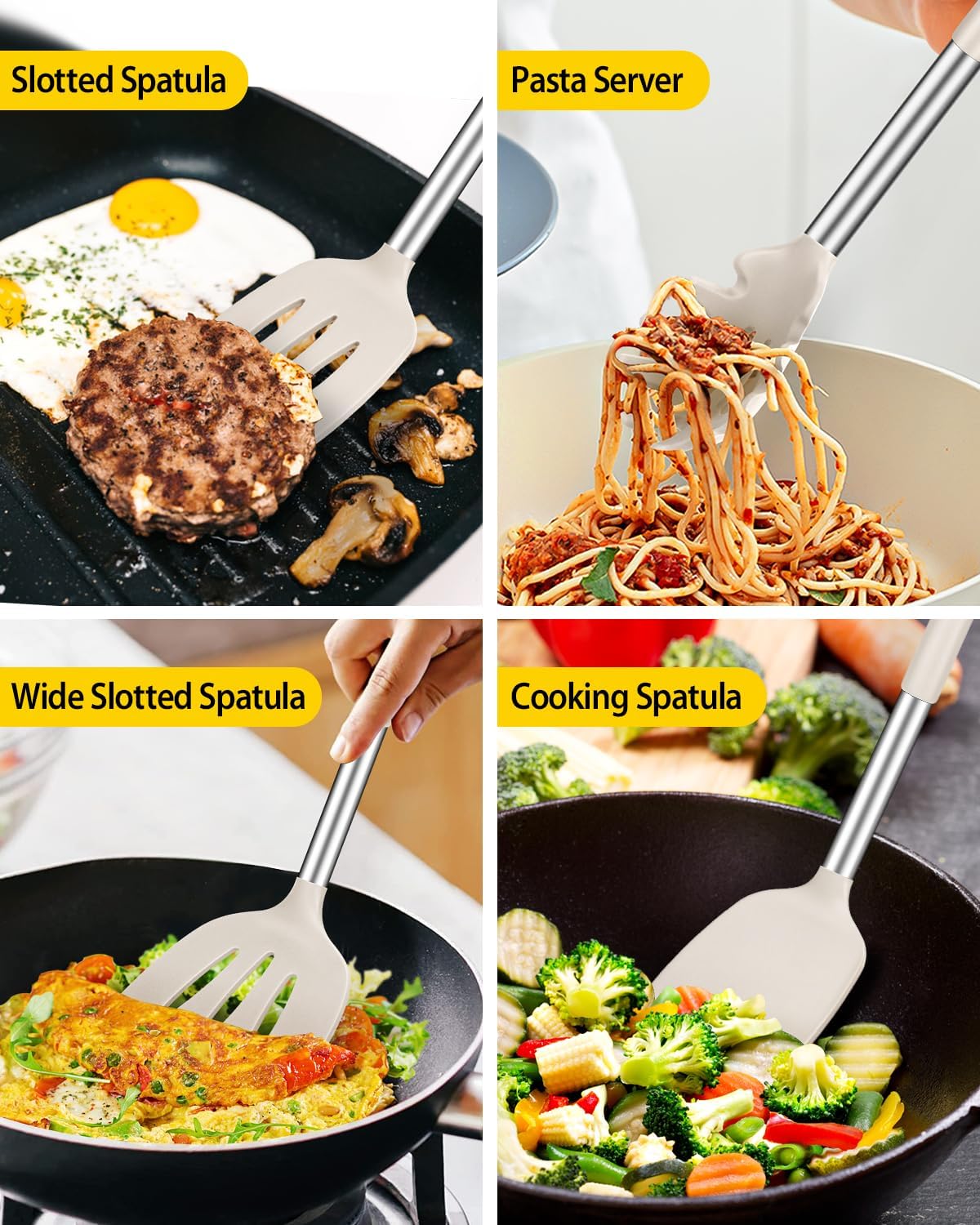 Silicone Cooking Utensil Set, 8Pcs Non-stick Cookwares with Stainless Steel Handle, BPA Free Heat Resistant Kitchen Tools with Spatulas, Turners, Spoons, Skimmer and Pasta Fork (KHAKI)