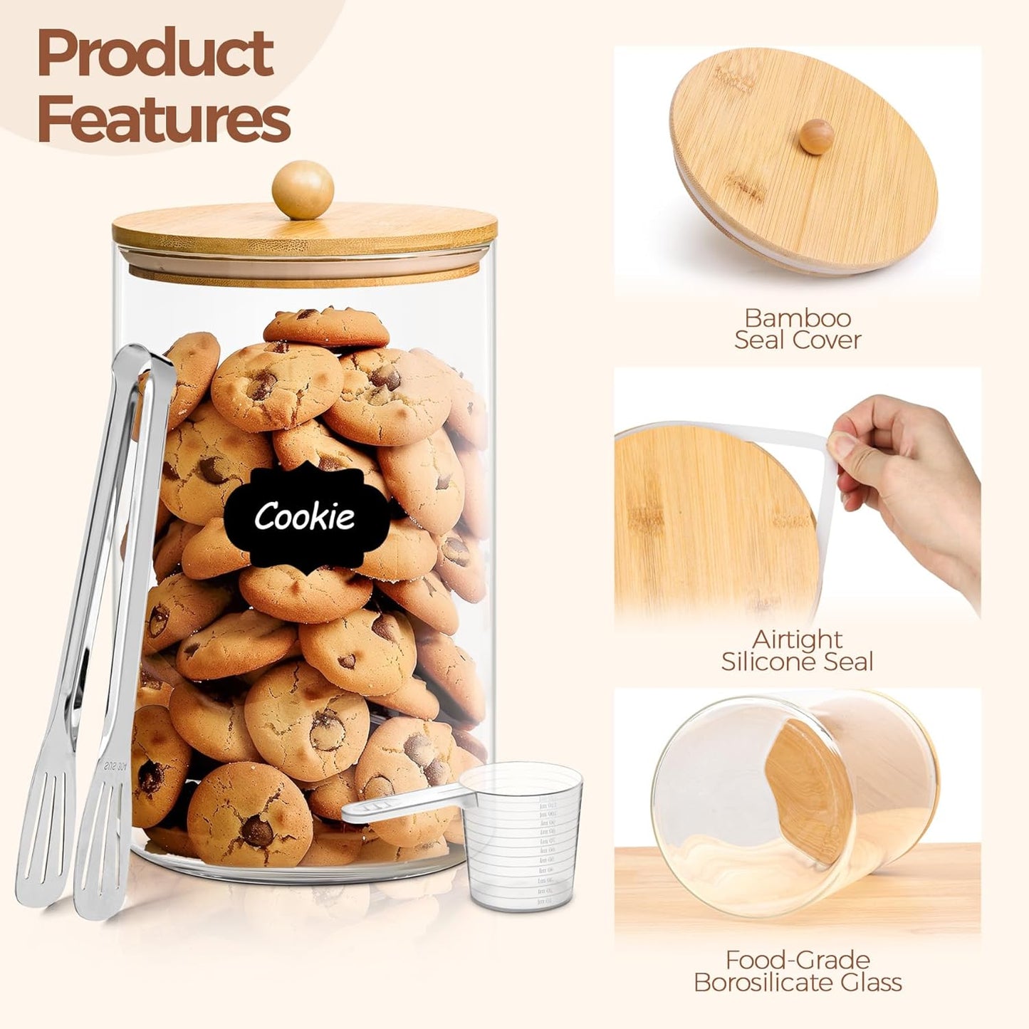 ComSaf 1 Gallon Glass Jar, 128 oz Flour Container, Large Glass Canister with Lid, Food Storage Pantry with Spoon and Clip for Sugar, Oat, Rice, Beans, Pasta, Coffee, Grain