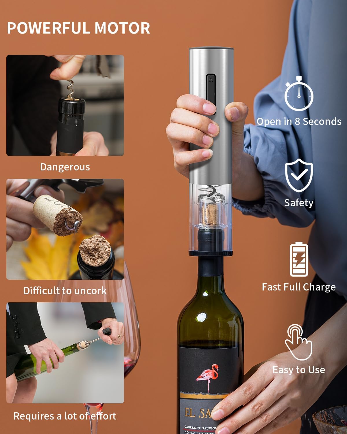 CIRCLE JOY Electric Wine Opener Rechargeable Stainless Steel Automatic Corkscrew Wine Bottle Opener with Foil Cutter, Blue Led Indicator and One-Click Button, Silver