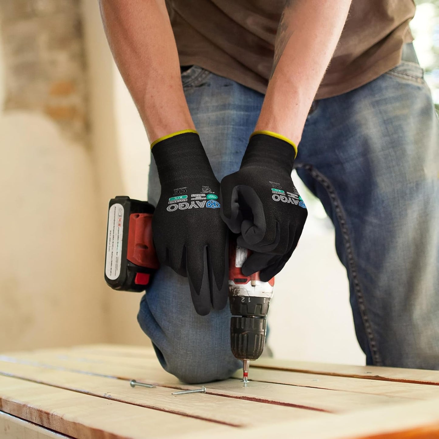 KAYGO Safety Work Gloves MicroFoam Nitrile Coated, 12 Pairs KG18NB,Seamless Knit Nylon Glove with full fingers Touchscreen, Ideal for Automotive,Warehouse,Construction (Medium, Black)