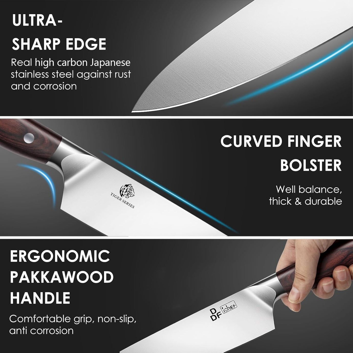 DDF iohEF Knife Set 3 Piece, Sharp Kitchen Knife Set Professional Chef Knife Set for Kitchen Japanese Stainless Steel Cooking Knives with Ergonomic Pakkawood Handle