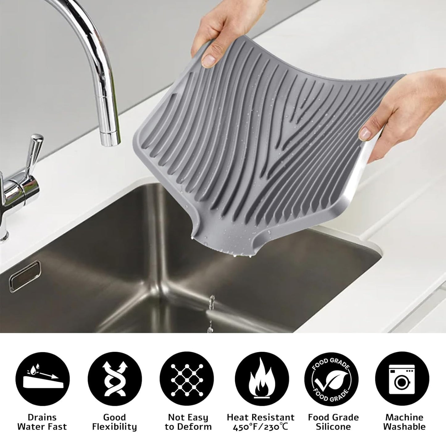 Dish Drying Mat, Stone Drying Mat for Kitchen Counter with Built-in Drain, Non-Slip Drying Matt Kitchen Counter, Heat Resistant Silicone Drying Mat, 2 Pcs(15.8"X 13", Grey)