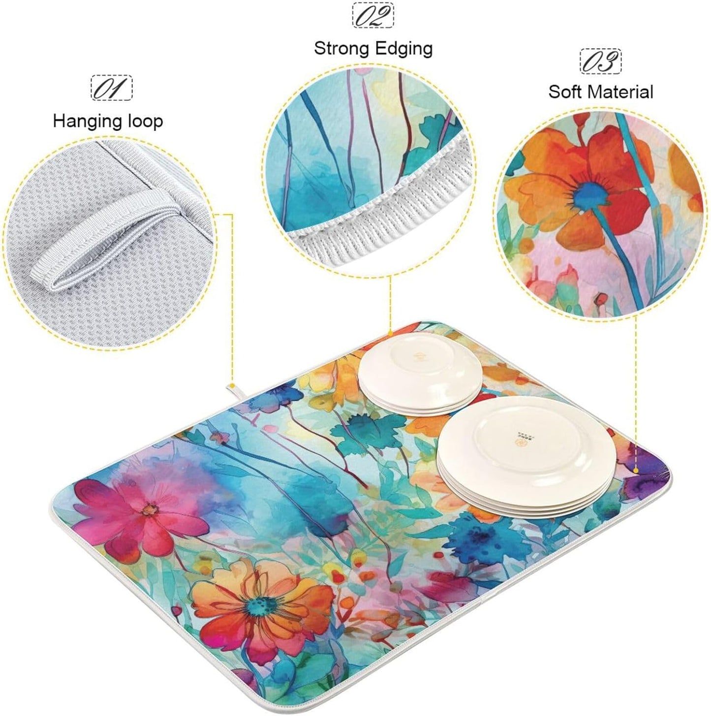 Colorful Beautiful Flowers Dish Drying Mat for Kitchen Counter Absorbent Microfiber Drying Pad, Medium 16x18 in, Reversible Drainer Mats