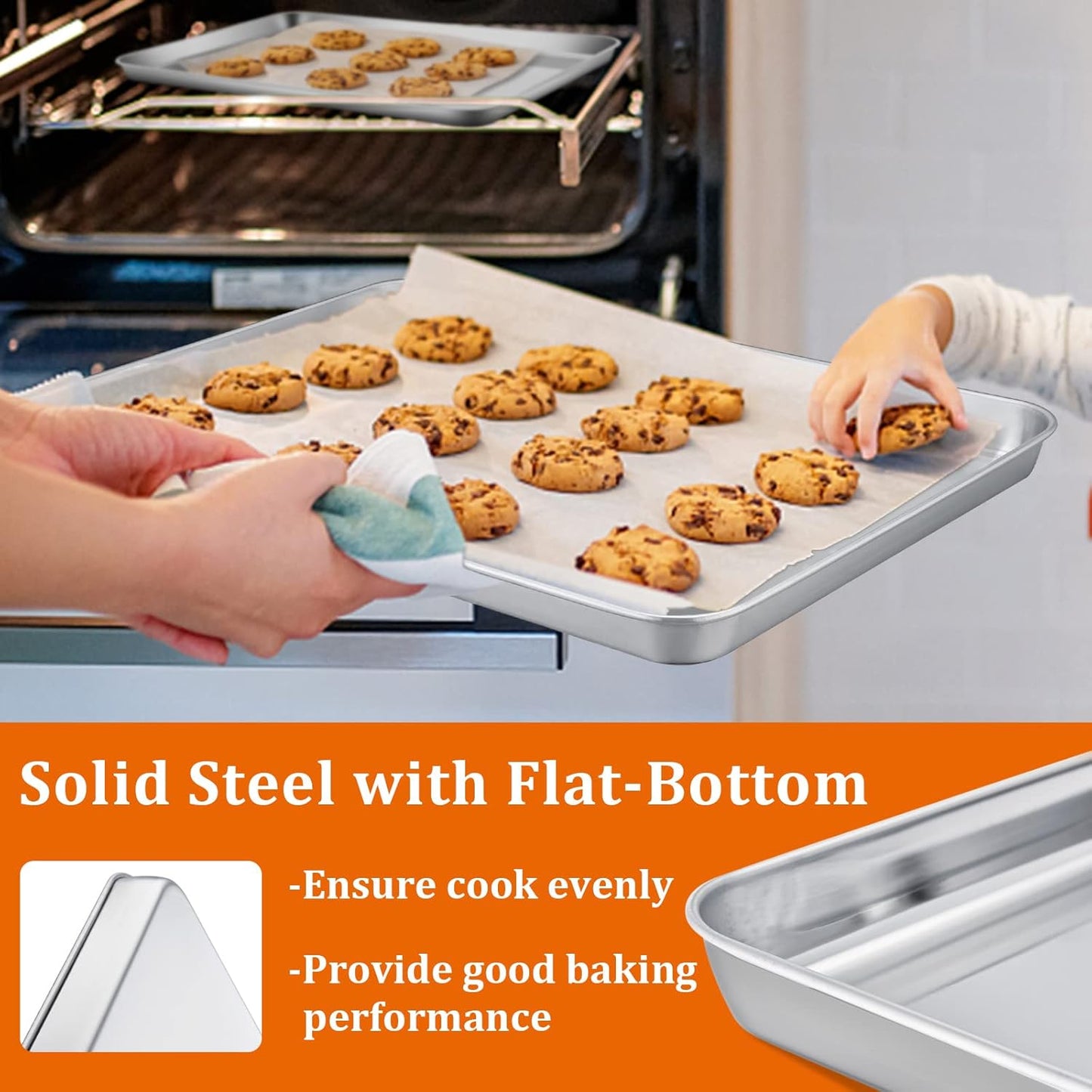 E-far Baking Cookie Sheet Set of 2, 16”x12” Stainless Steel Baking Sheet Pan with 50 Parchment Paper, Rectangle Baking Tray for Cooking Roasting, Rust Free & Heavy Duty, Oven & Dishwasher Safe